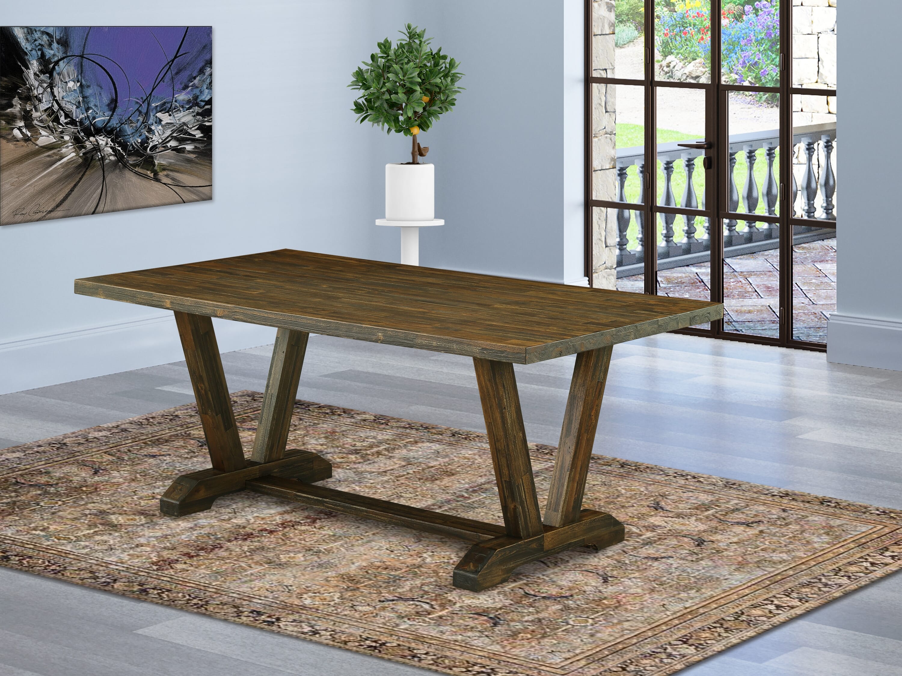 East West Furniture V777EL718-6 6-Pc dining table set-Brown Beige Linen Fabric Seat and Button Tufted Chair Back Parson Dining chairs