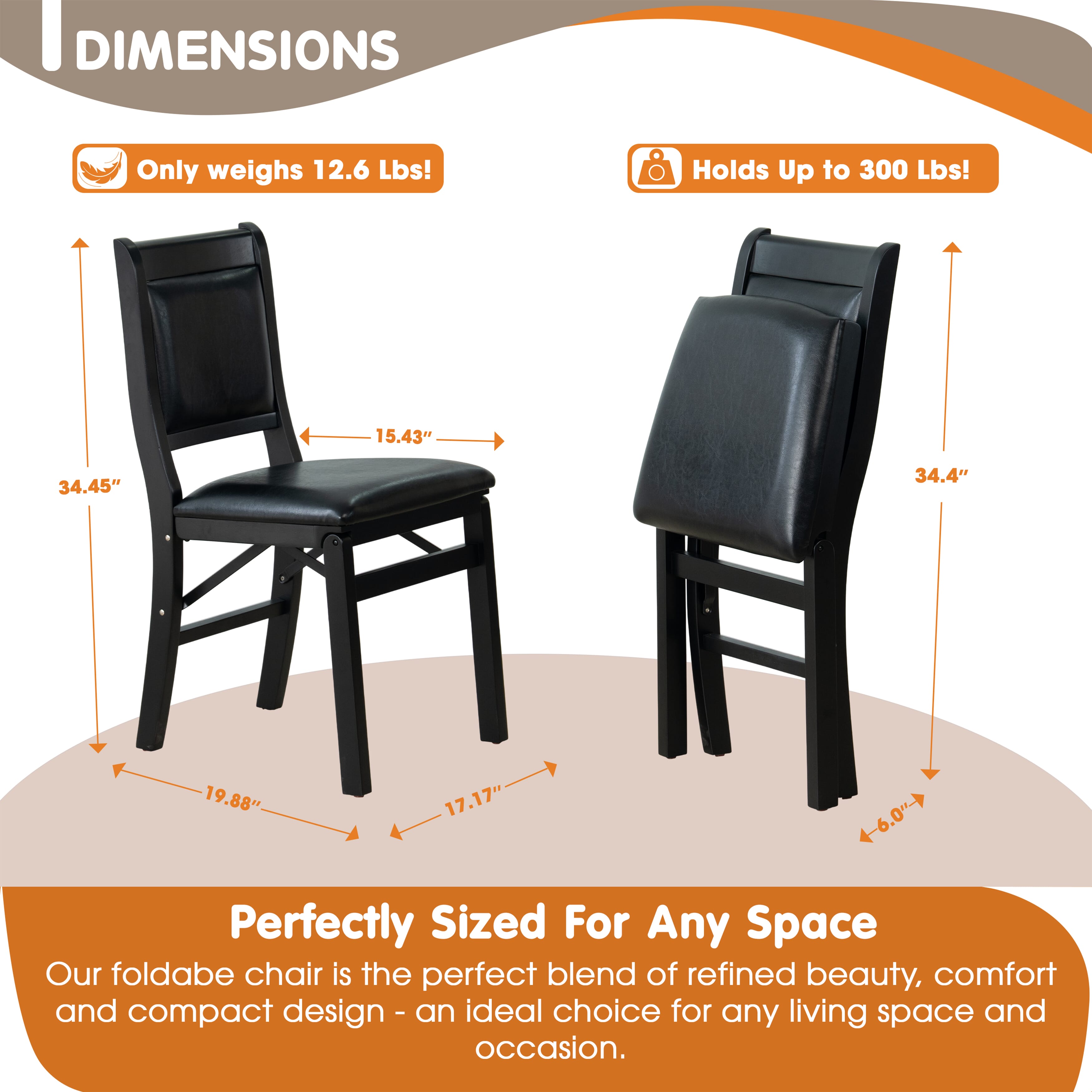 East West Furniture - WCC-BLK-49 - Waco Folding Mid-Century Kitchen Chairs with PU Leather Seat, Fully Assembled, Padded Back Design, Set of 2, Black Finish