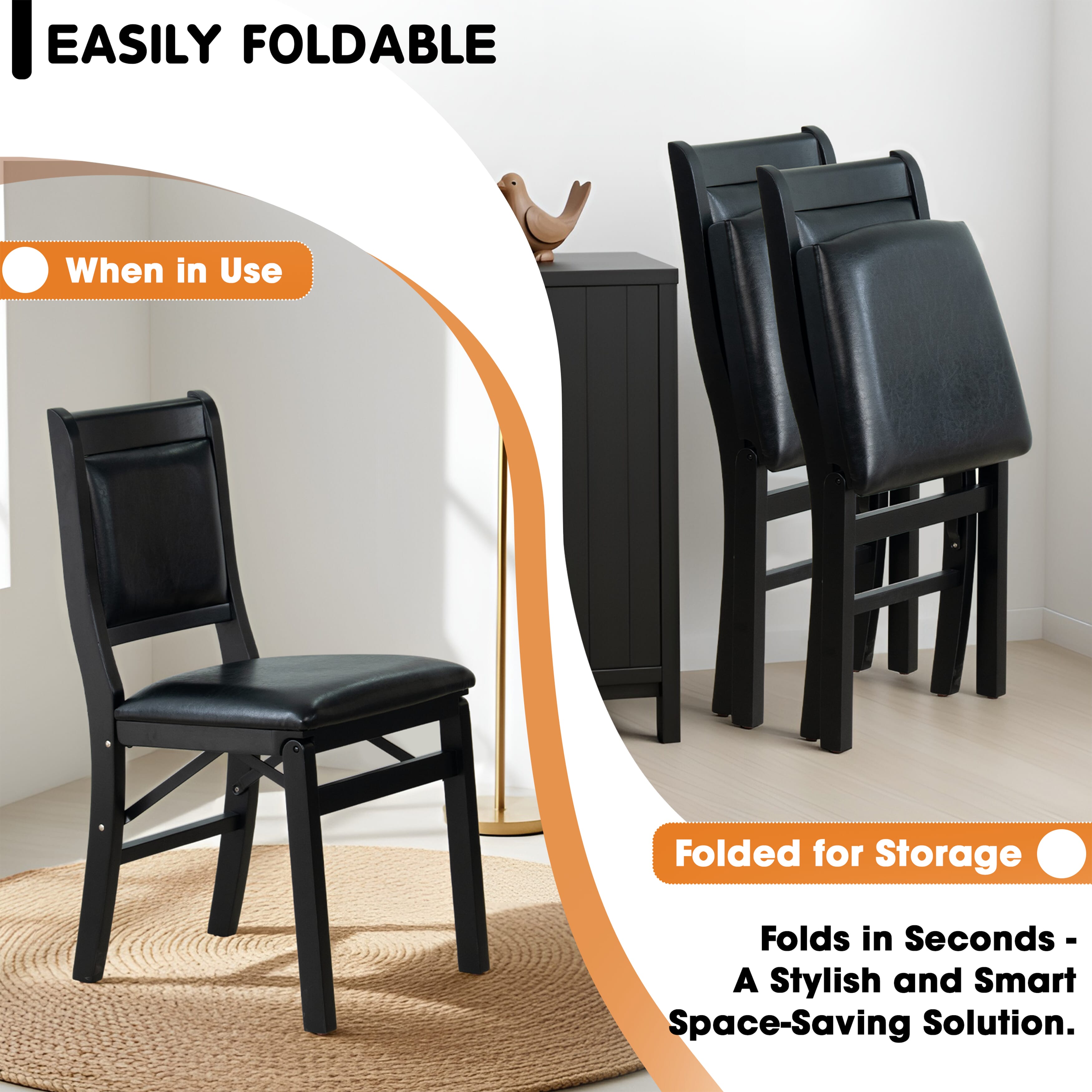 East West Furniture - WCC-BLK-49 - Waco Folding Mid-Century Kitchen Chairs with PU Leather Seat, Fully Assembled, Padded Back Design, Set of 2, Black Finish