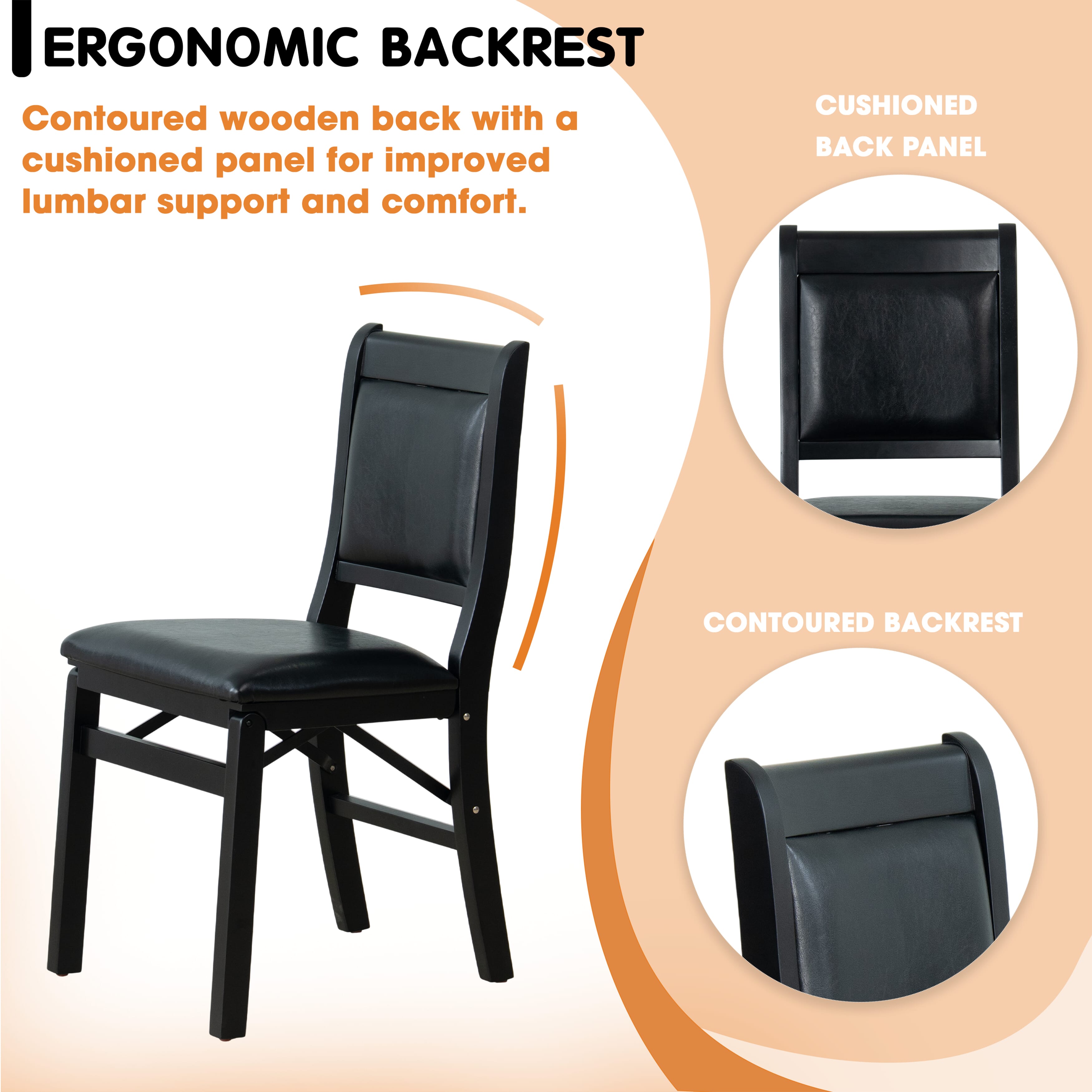 East West Furniture - WCC-BLK-49 - Waco Folding Mid-Century Kitchen Chairs with PU Leather Seat, Fully Assembled, Padded Back Design, Set of 2, Black Finish