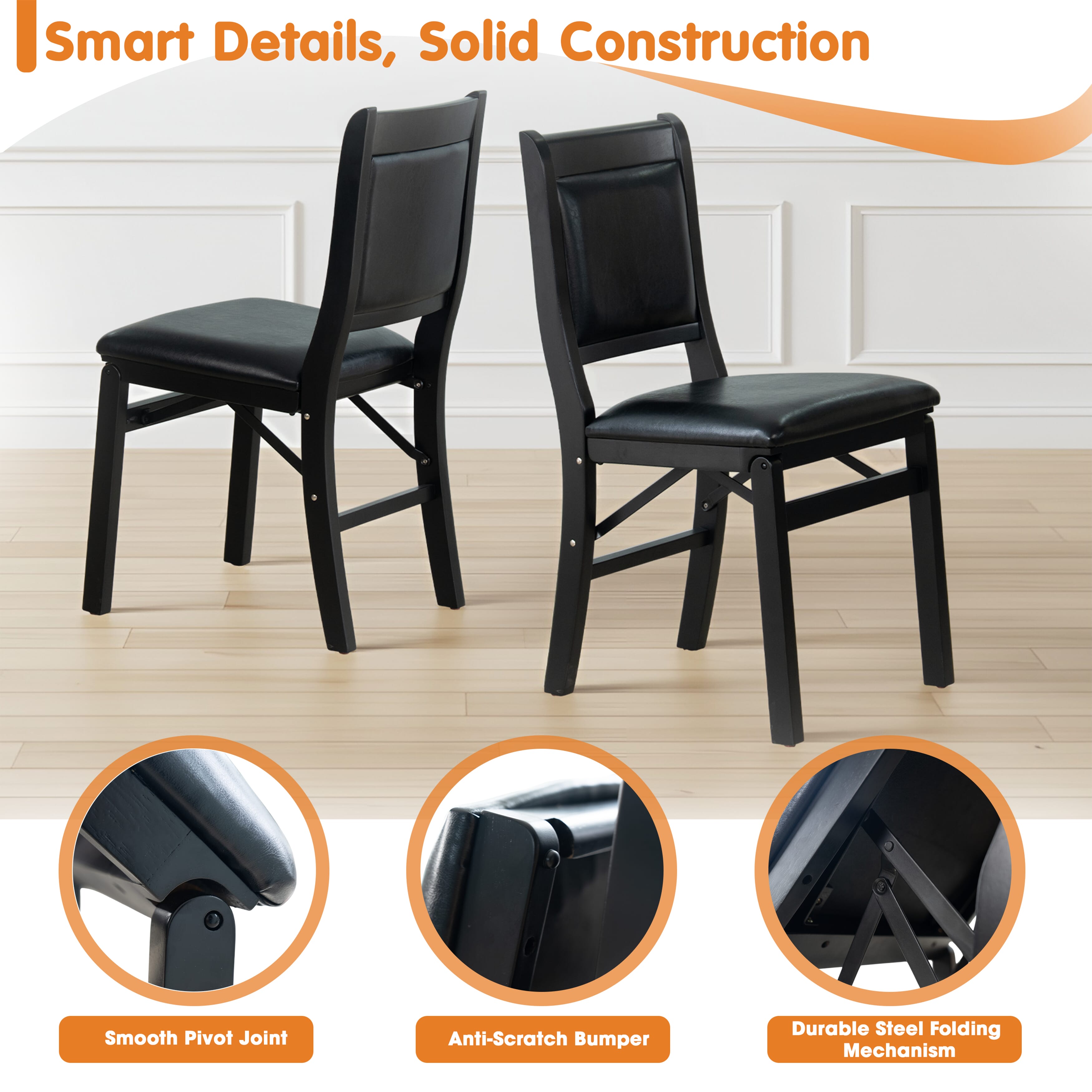 East West Furniture - WCC-BLK-49 - Waco Folding Mid-Century Kitchen Chairs with PU Leather Seat, Fully Assembled, Padded Back Design, Set of 2, Black Finish