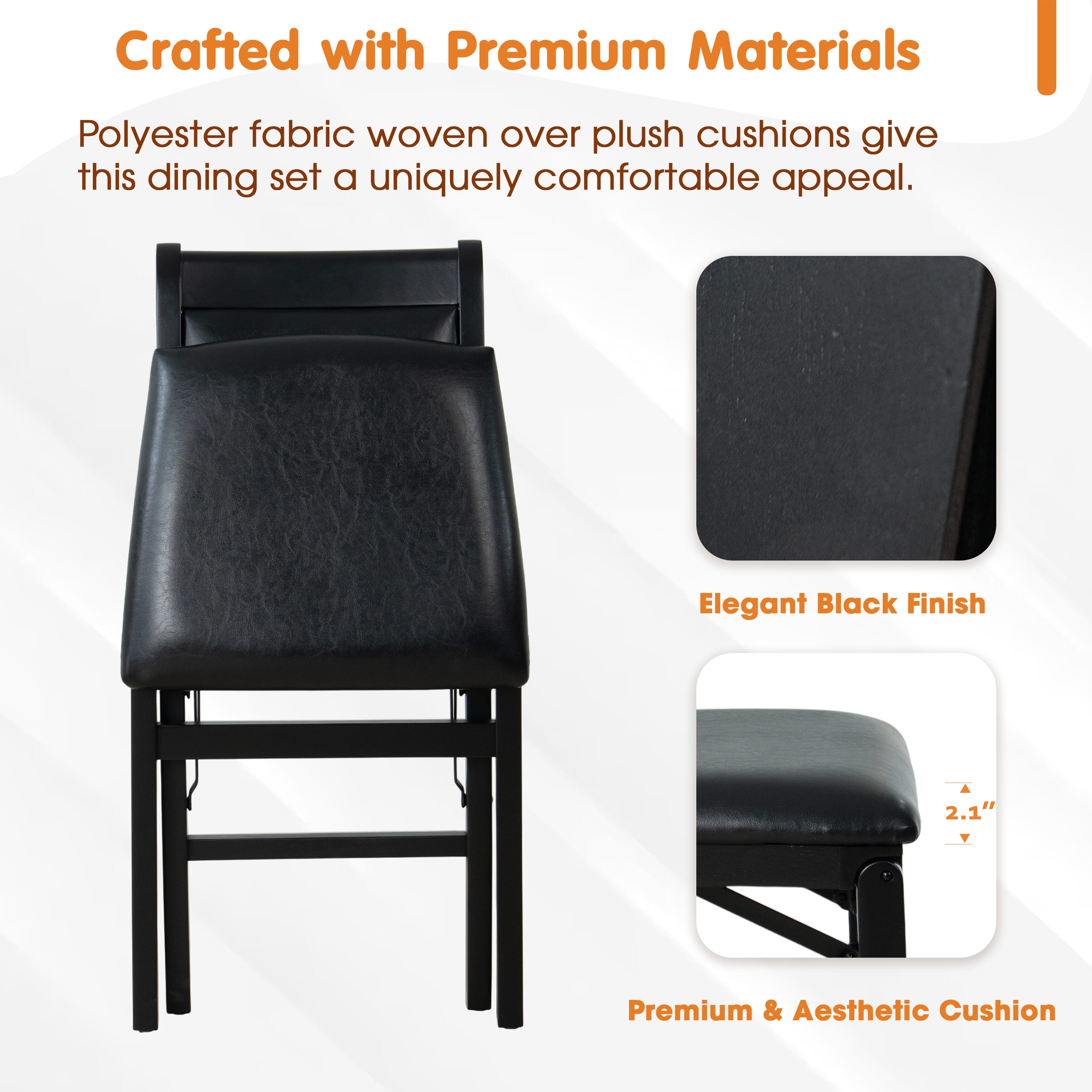 East West Furniture - WCC-BLK-49 - Waco Folding Mid-Century Kitchen Chairs with PU Leather Seat, Fully Assembled, Padded Back Design, Set of 2, Black Finish