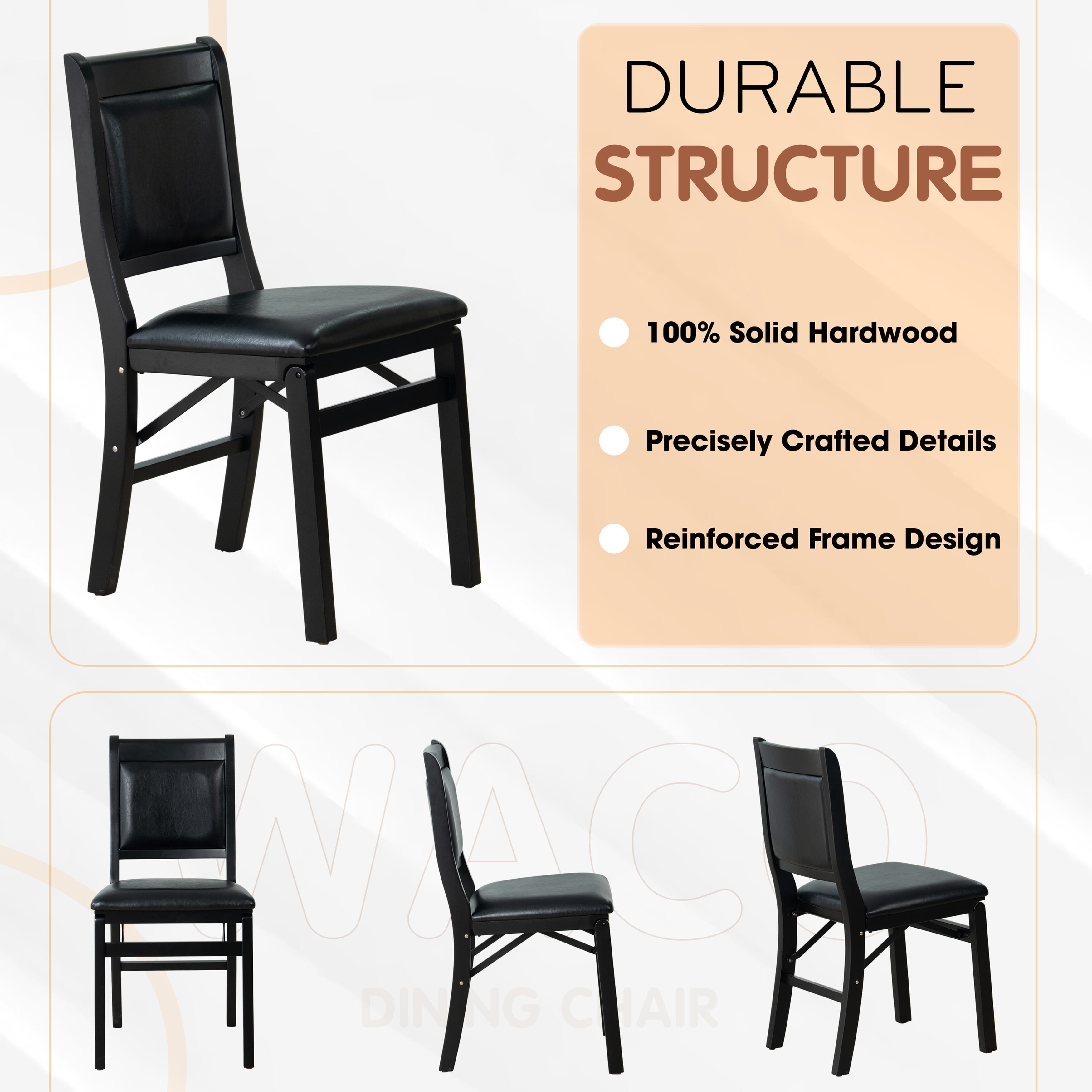 East West Furniture - WCC-BLK-49 - Waco Folding Mid-Century Kitchen Chairs with PU Leather Seat, Fully Assembled, Padded Back Design, Set of 2, Black Finish