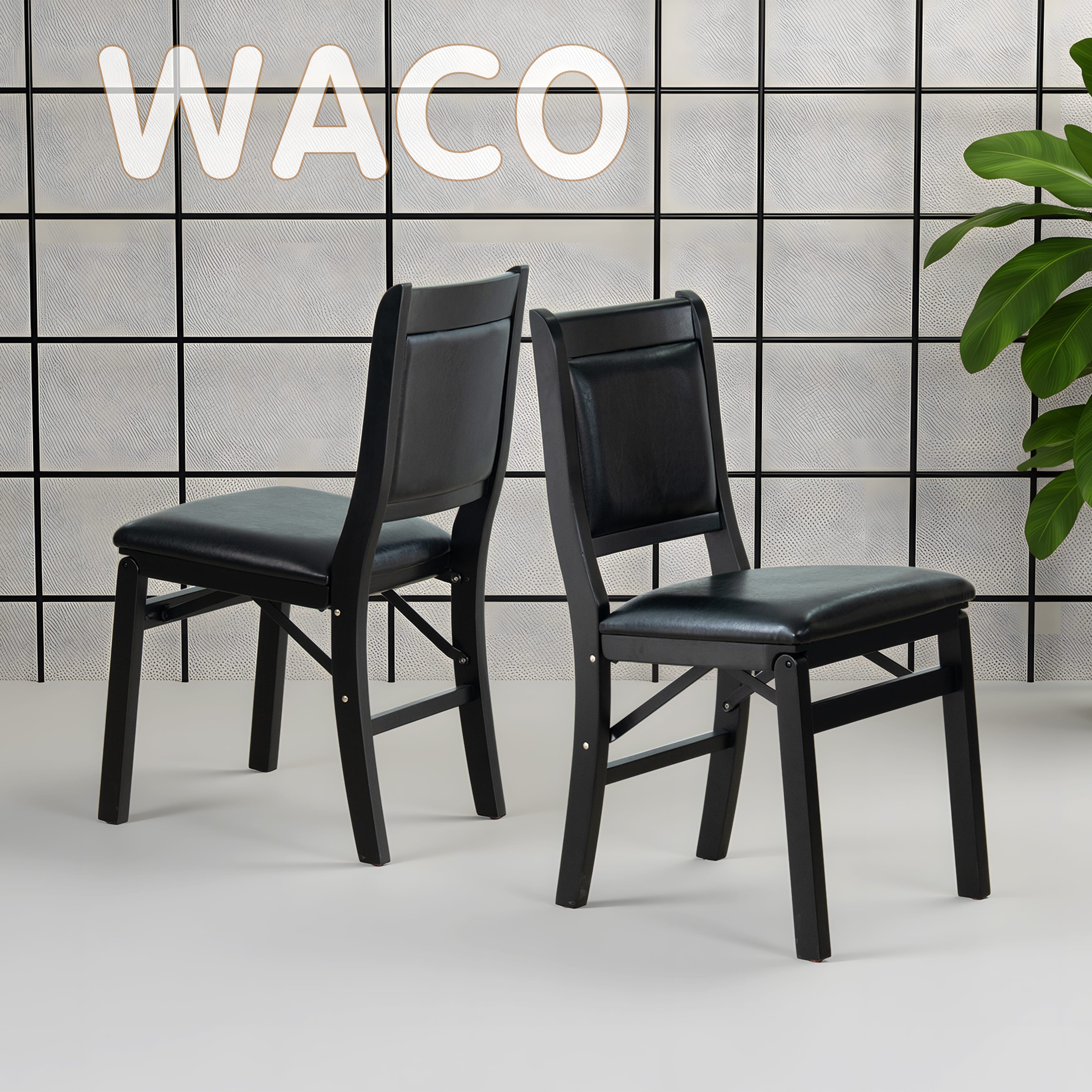 East West Furniture - WCC-BLK-49 - Waco Folding Mid-Century Kitchen Chairs with PU Leather Seat, Fully Assembled, Padded Back Design, Set of 2, Black Finish