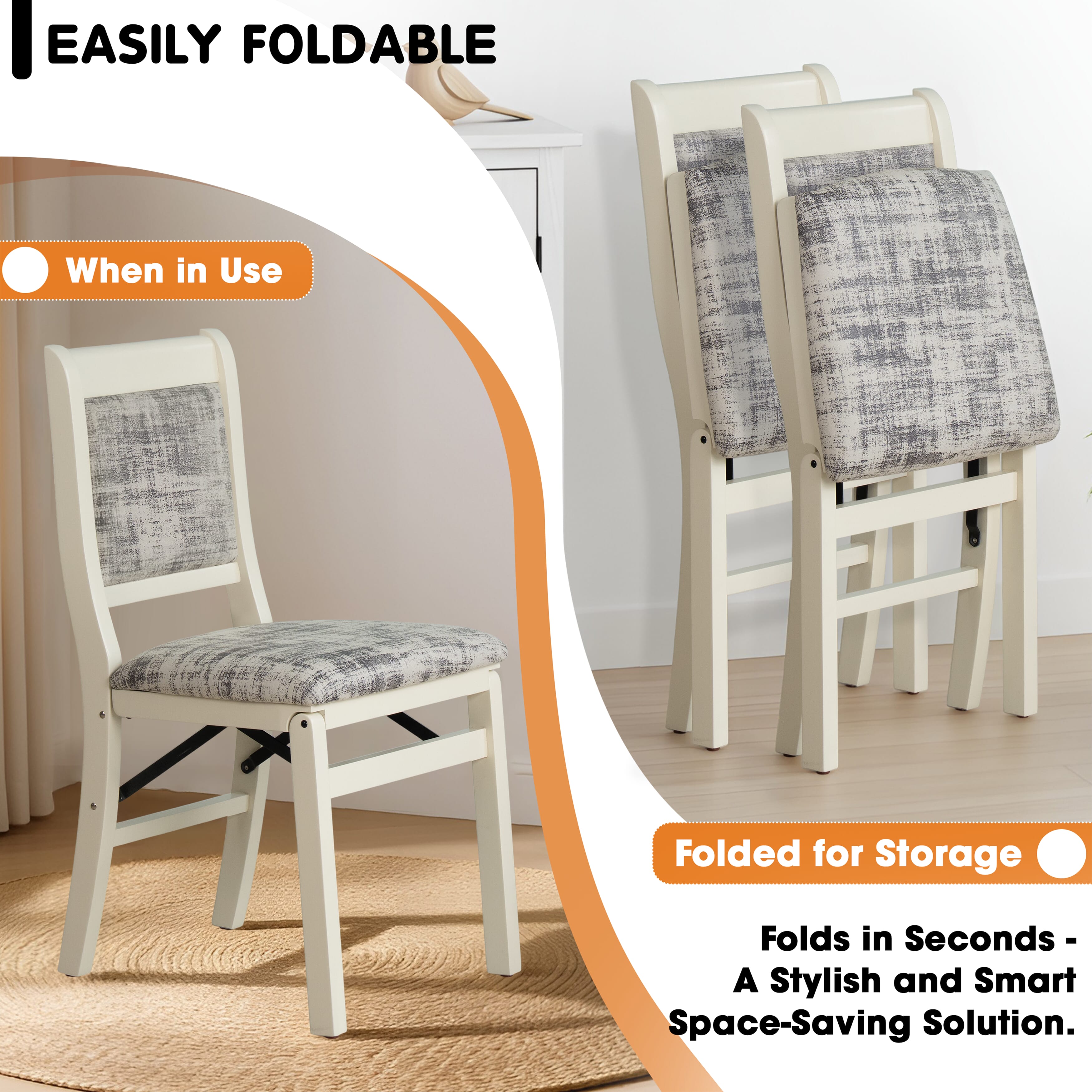 East West Furniture - WCC-LWH-30, A Solid Wood Waco Folding Parson Dining Room Chairs with PU Leather Seat, Ready to Use, Cushioned Back Design, Set of 2, Linen White Finish