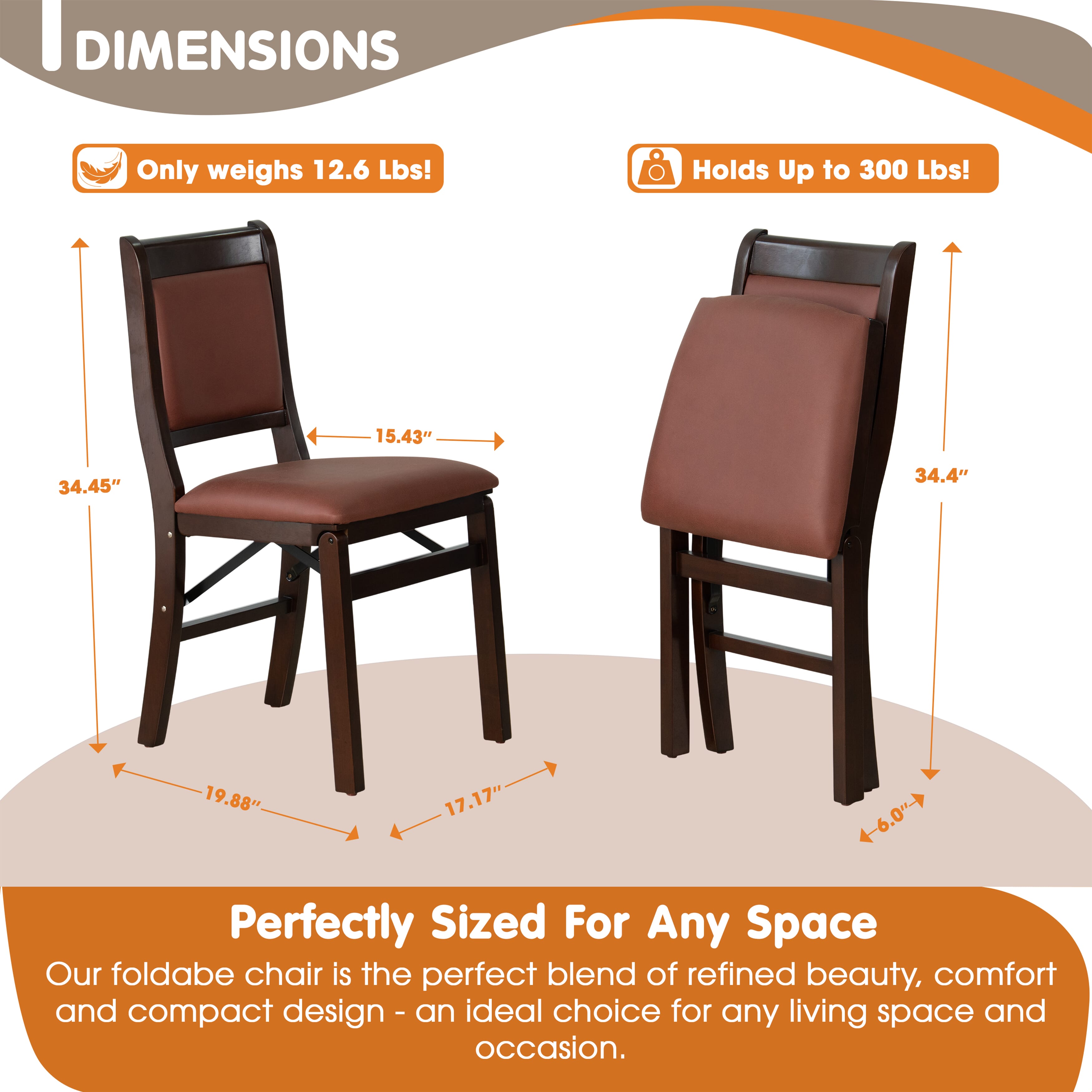 East West Furniture - WCC-MAH-26 - Waco Folding Solid Wood Kitchen Chairs with Faux Leather Seat, Fully Assembled, Padded Back Design, Set of 2, Mahogany Finish
