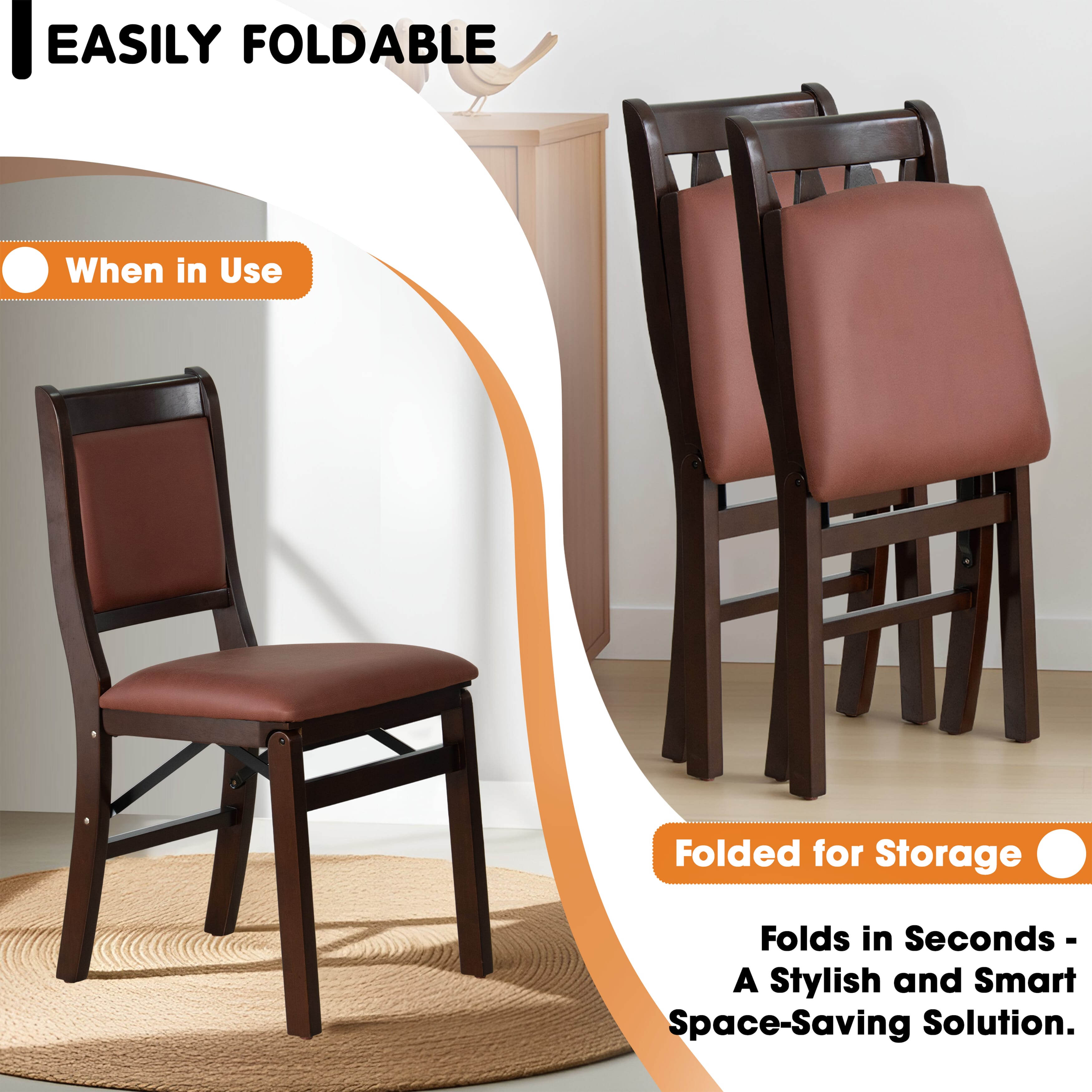 East West Furniture - WCC-MAH-26 - Waco Folding Solid Wood Kitchen Chairs with Faux Leather Seat, Fully Assembled, Padded Back Design, Set of 2, Mahogany Finish