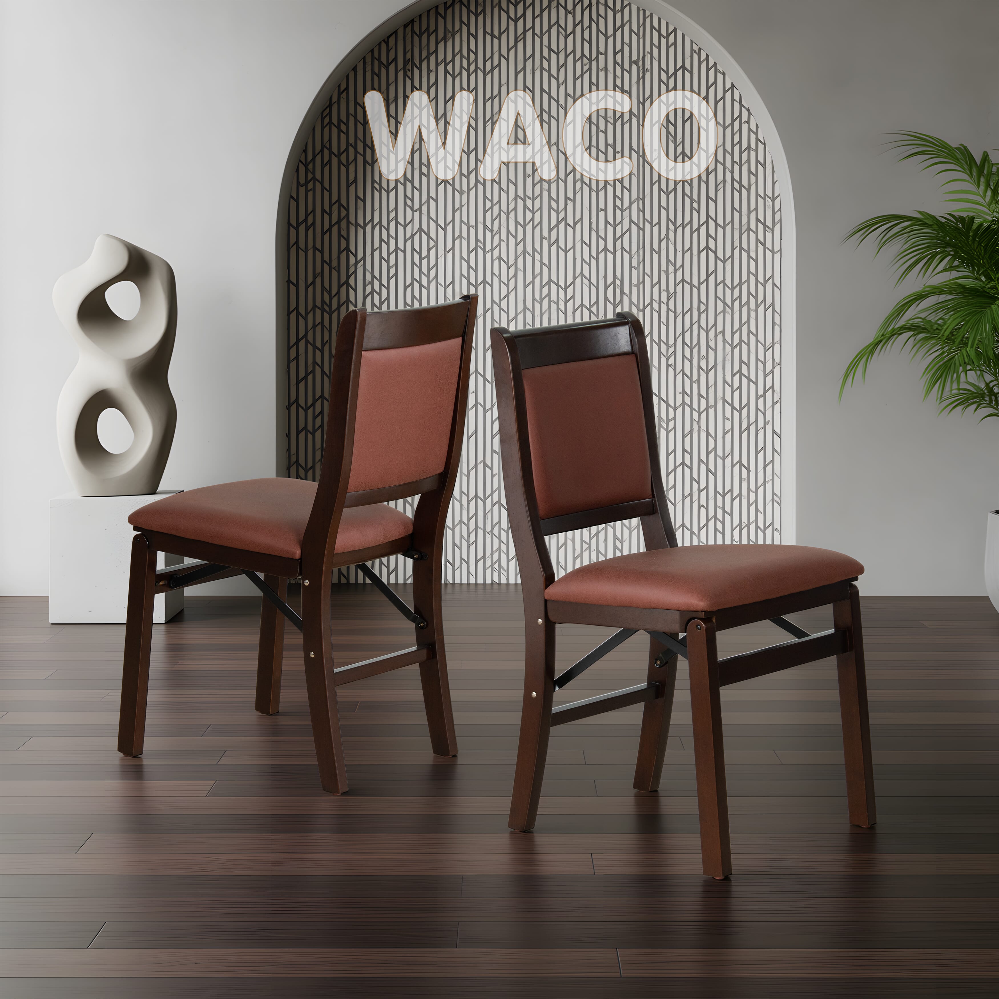 East West Furniture - WCC-MAH-26 - Waco Folding Solid Wood Kitchen Chairs with Faux Leather Seat, Fully Assembled, Padded Back Design, Set of 2, Mahogany Finish