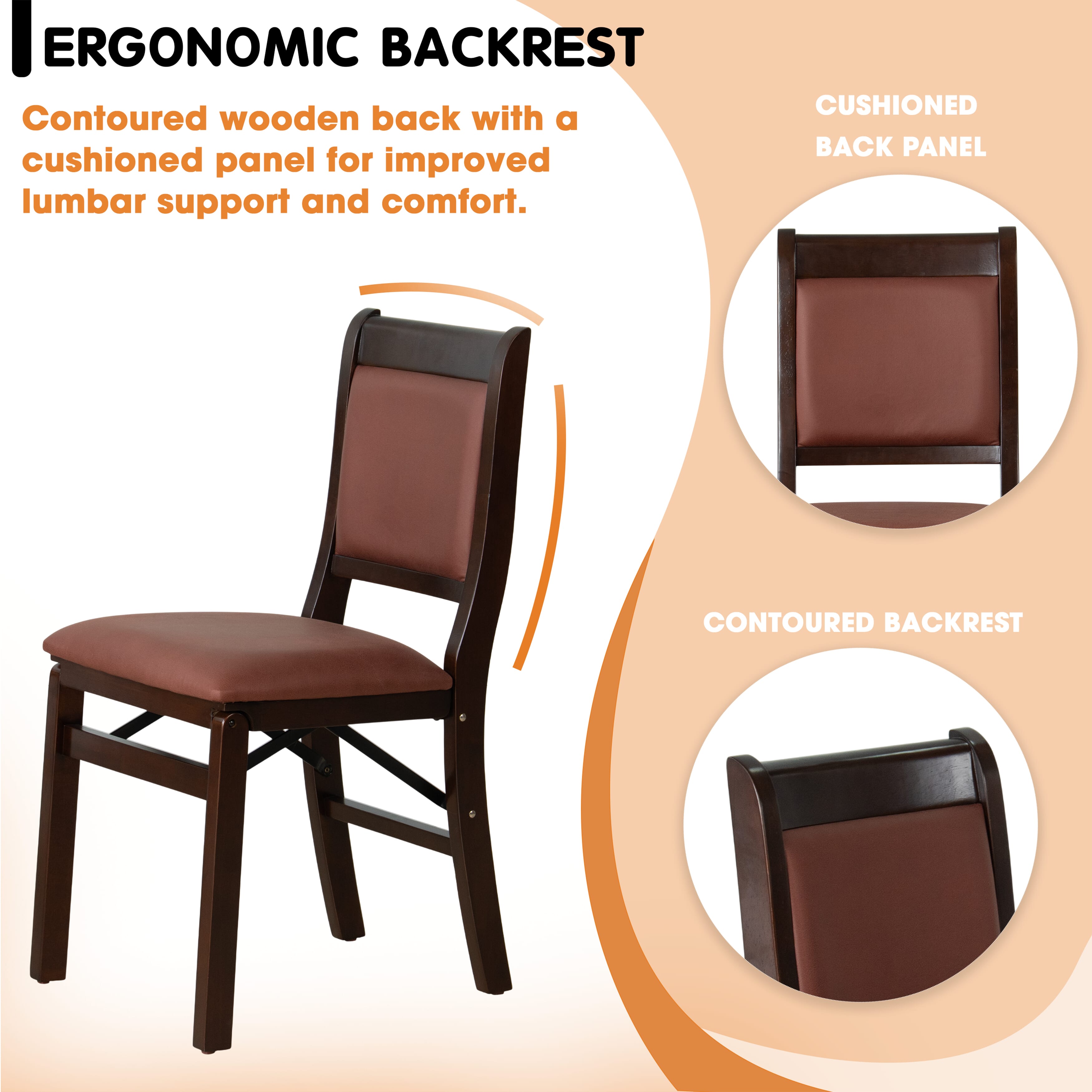 East West Furniture - WCC-MAH-26 - Waco Folding Solid Wood Kitchen Chairs with Faux Leather Seat, Fully Assembled, Padded Back Design, Set of 2, Mahogany Finish