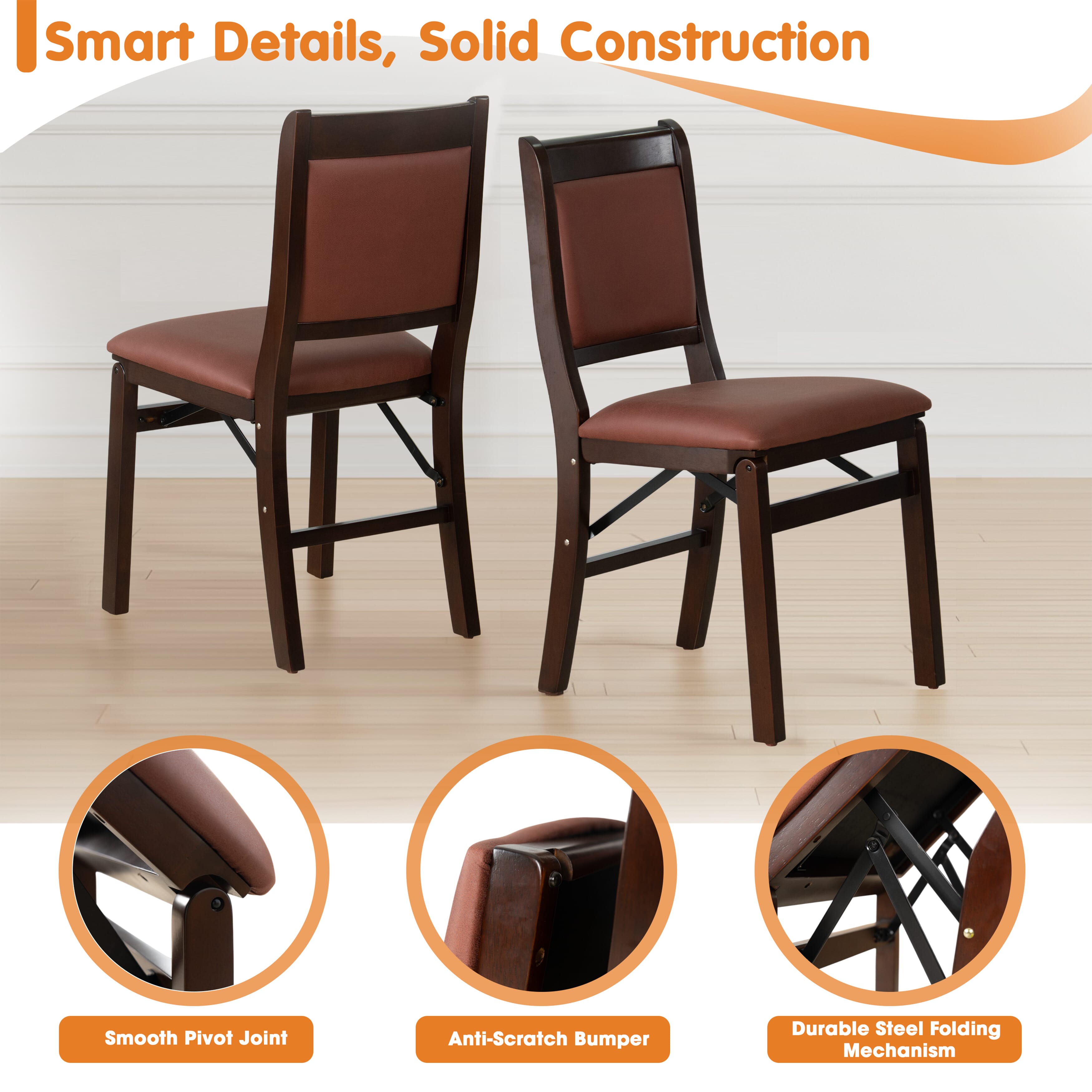 East West Furniture - WCC-MAH-26 - Waco Folding Solid Wood Kitchen Chairs with Faux Leather Seat, Fully Assembled, Padded Back Design, Set of 2, Mahogany Finish