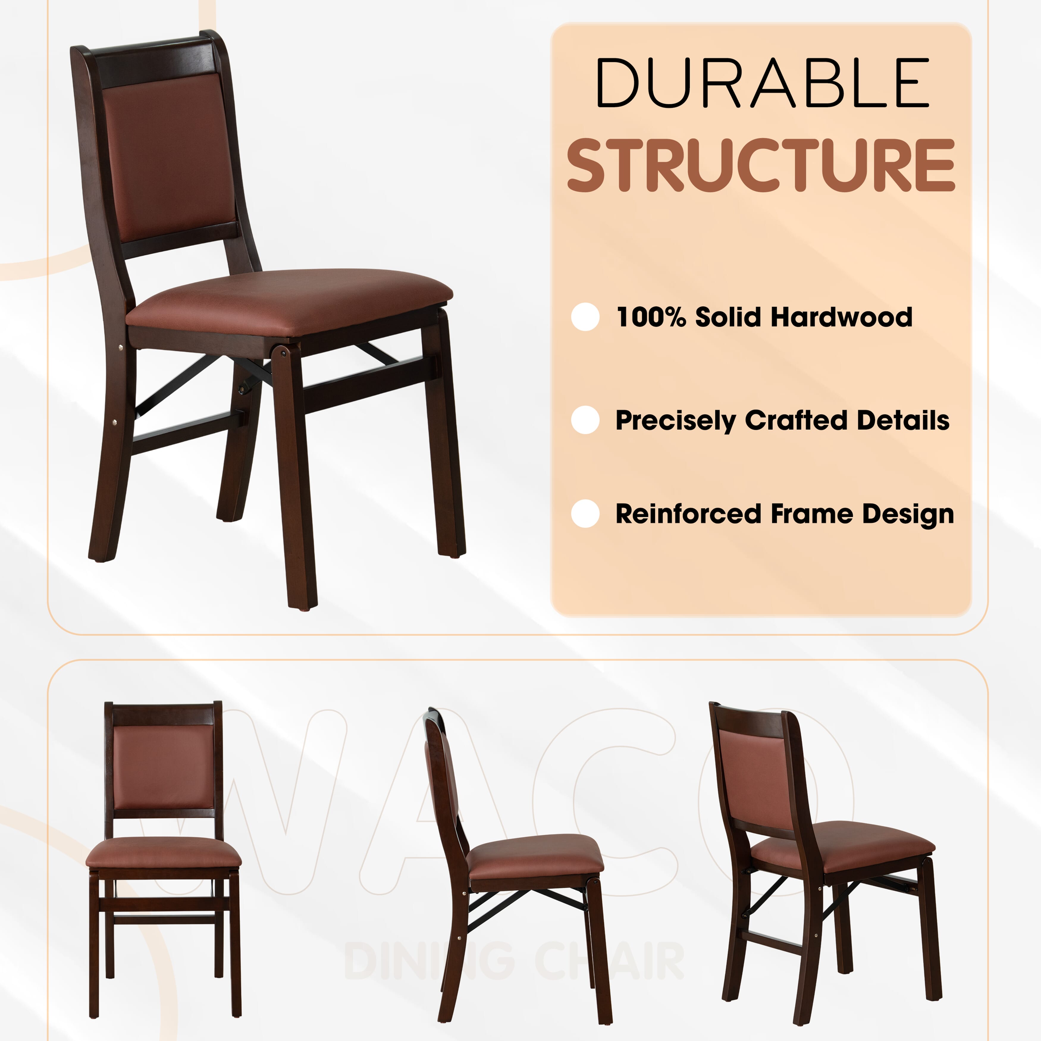 East West Furniture - WCC-MAH-26 - Waco Folding Solid Wood Kitchen Chairs with Faux Leather Seat, Fully Assembled, Padded Back Design, Set of 2, Mahogany Finish
