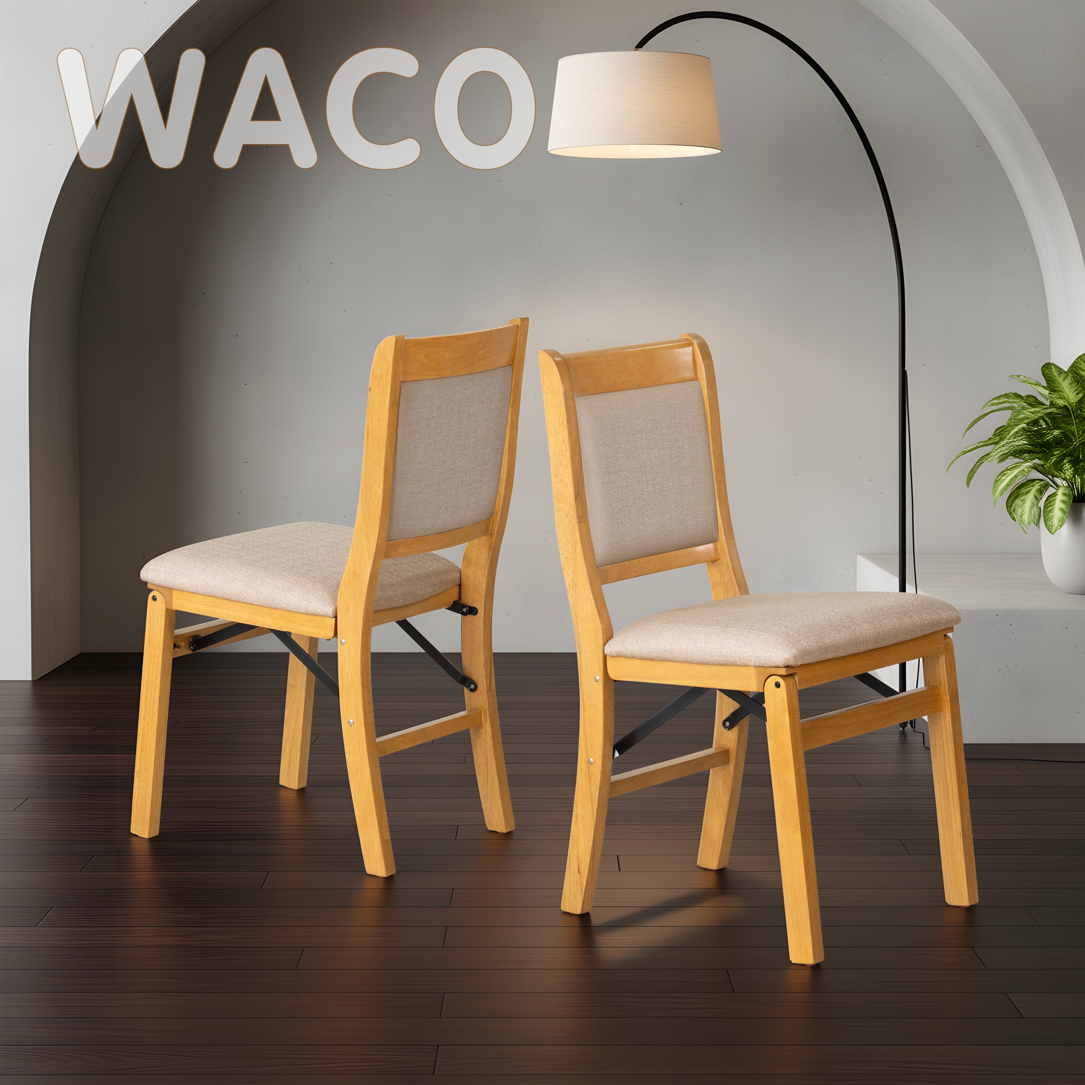 East West Furniture - WCC-OAK-03 - Waco Folding Modern Dining Chairs with PU Leather Seat, Padded Back Design, Set of 2, No Assembly Required, Oak Wood Finish