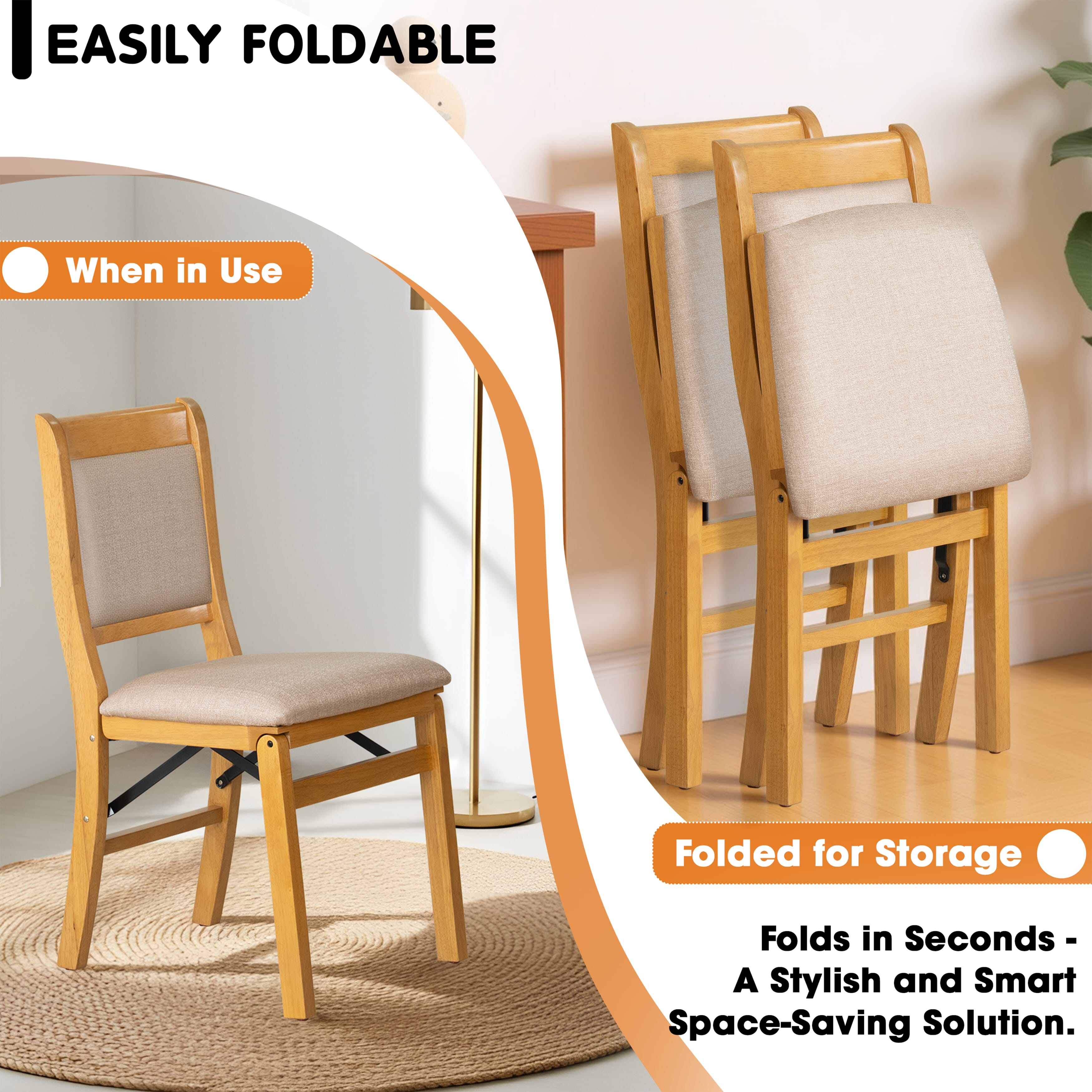 East West Furniture - WCC-OAK-03 - Waco Folding Modern Dining Chairs with PU Leather Seat, Padded Back Design, Set of 2, No Assembly Required, Oak Wood Finish