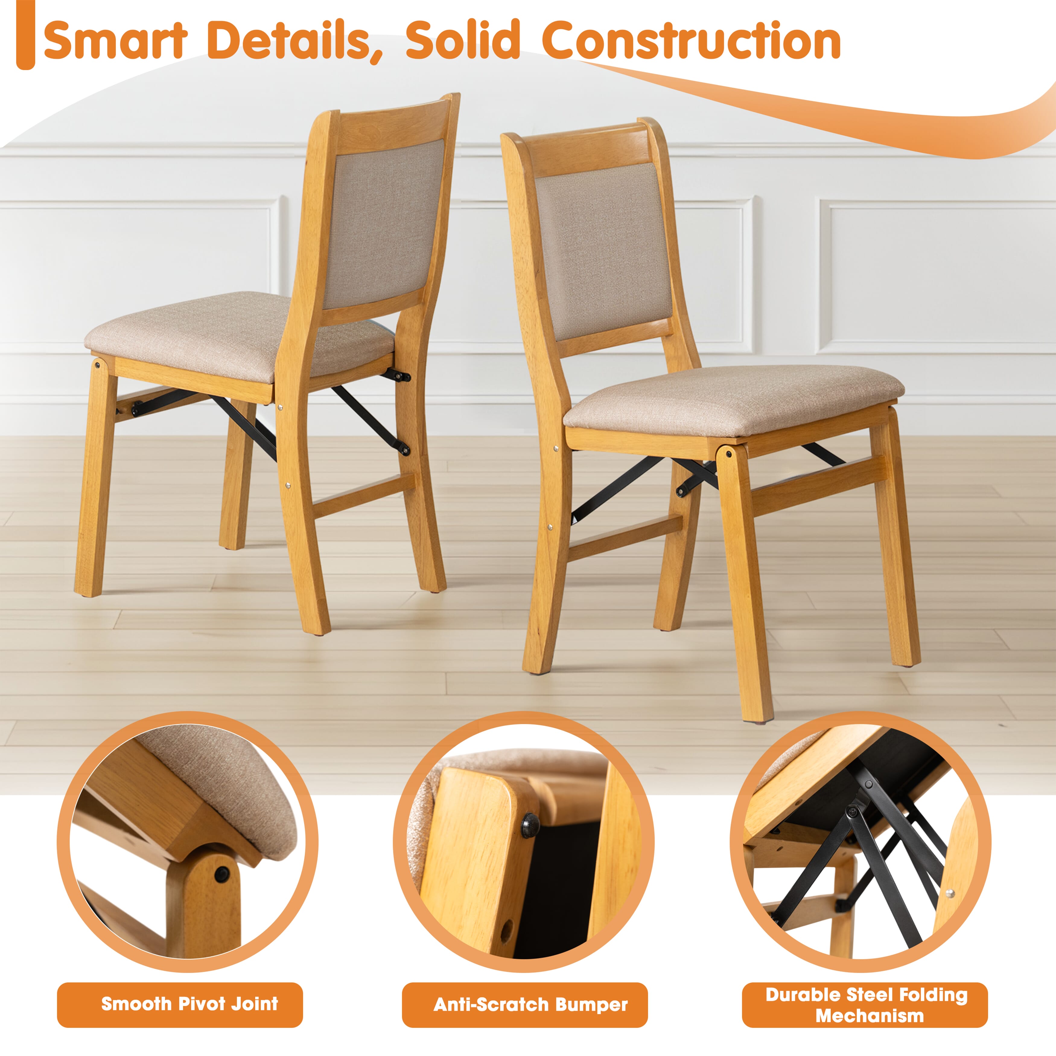 East West Furniture - WCC-OAK-03 - Waco Folding Modern Dining Chairs with PU Leather Seat, Padded Back Design, Set of 2, No Assembly Required, Oak Wood Finish