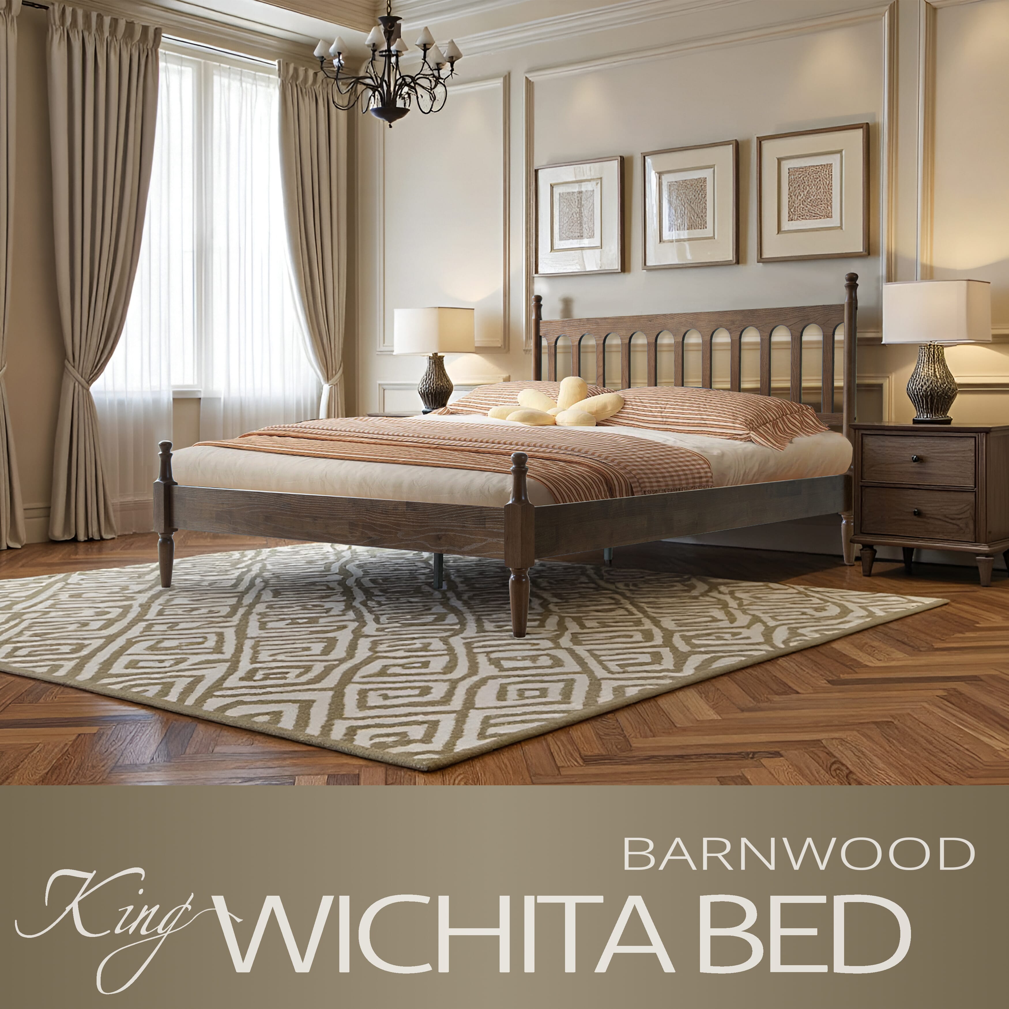 King Size Solid Wood Platform Bed Frame with Headboard & Footboard, 12 Sturdy Slatted Base, Metal Legs, No Box Spring Needed, Anti-Slip & Noise-Free, Easy Assembly, Barnwood Finish, WCK-30