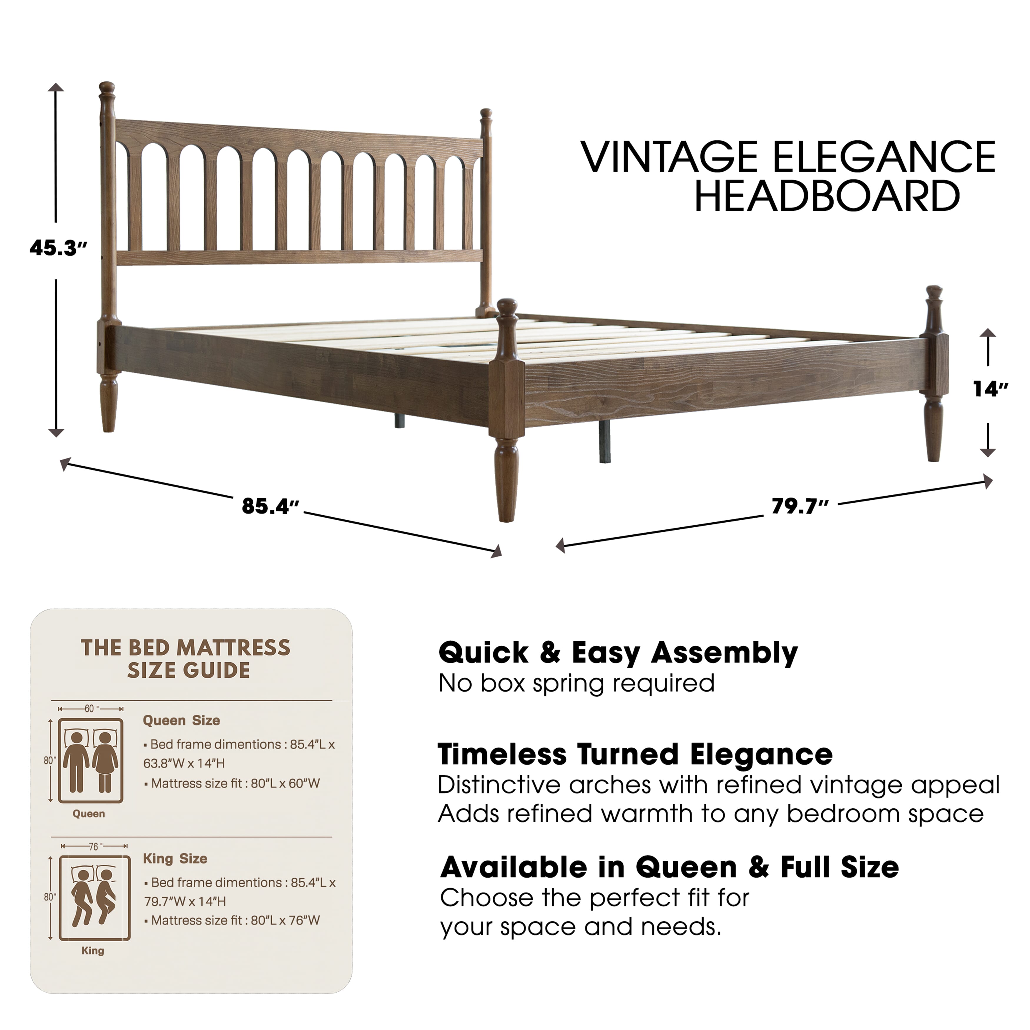 King Size Solid Wood Platform Bed Frame with Headboard & Footboard, 12 Sturdy Slatted Base, Metal Legs, No Box Spring Needed, Anti-Slip & Noise-Free, Easy Assembly, Barnwood Finish, WCK-30