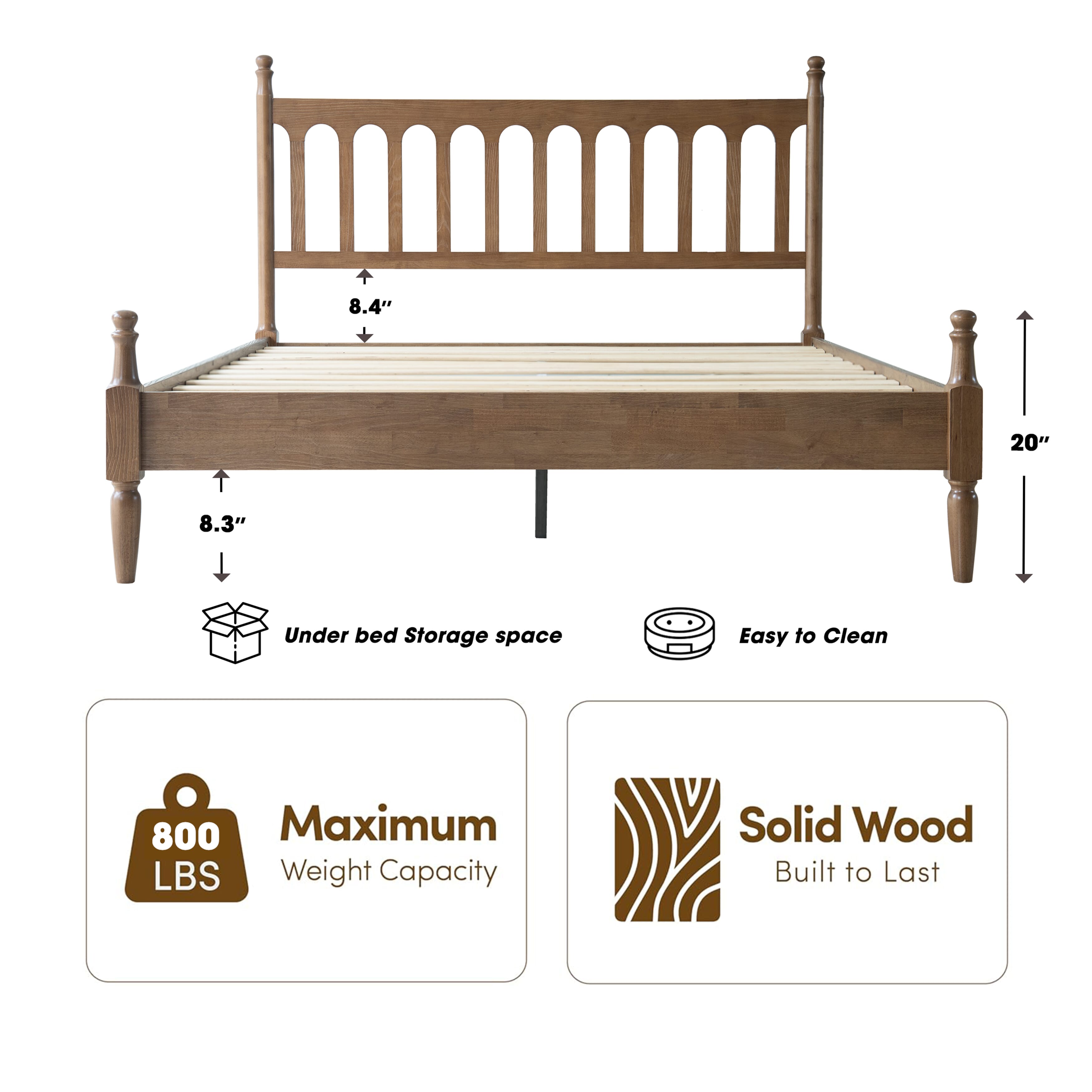 King Size Solid Wood Platform Bed Frame with Headboard & Footboard, 12 Sturdy Slatted Base, Metal Legs, No Box Spring Needed, Anti-Slip & Noise-Free, Easy Assembly, Barnwood Finish, WCK-30