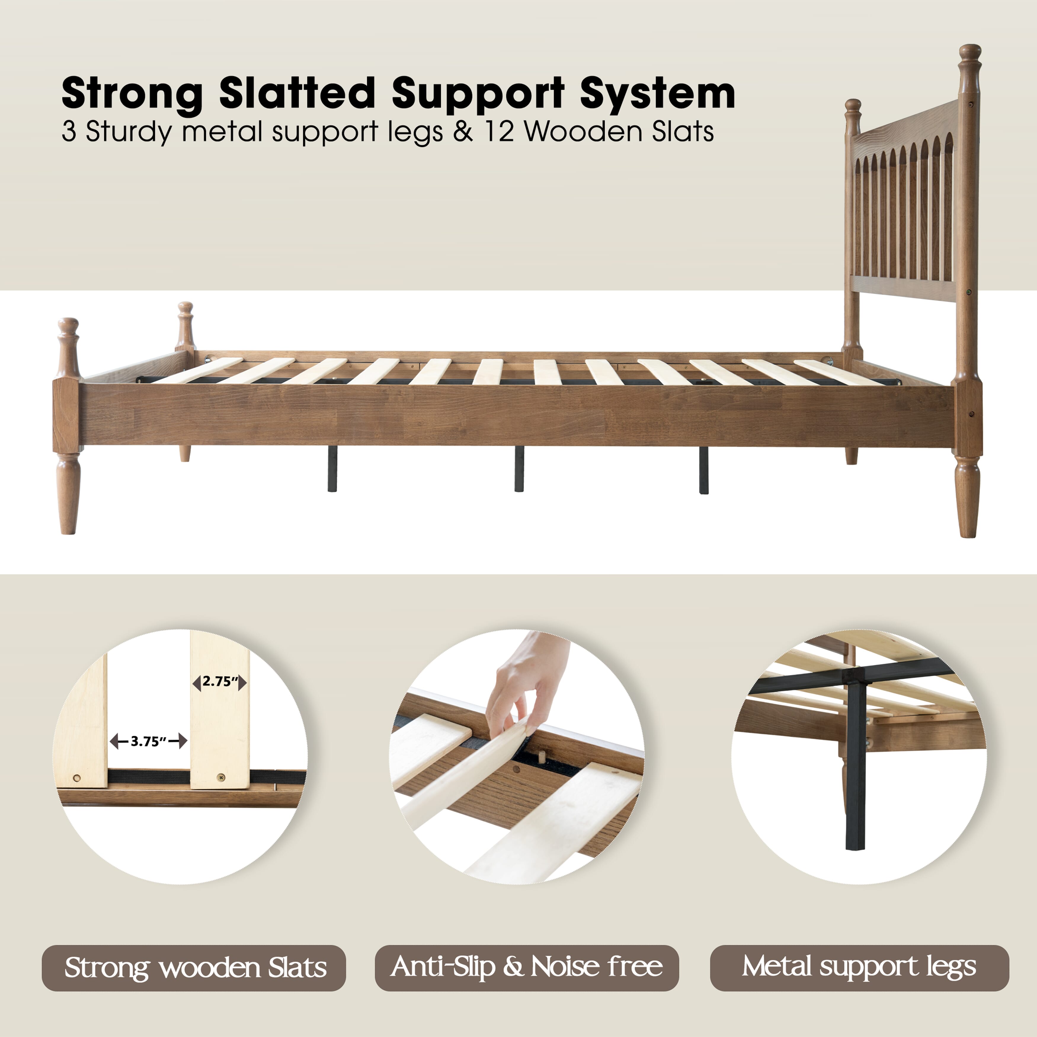 King Size Solid Wood Platform Bed Frame with Headboard & Footboard, 12 Sturdy Slatted Base, Metal Legs, No Box Spring Needed, Anti-Slip & Noise-Free, Easy Assembly, Barnwood Finish, WCK-30