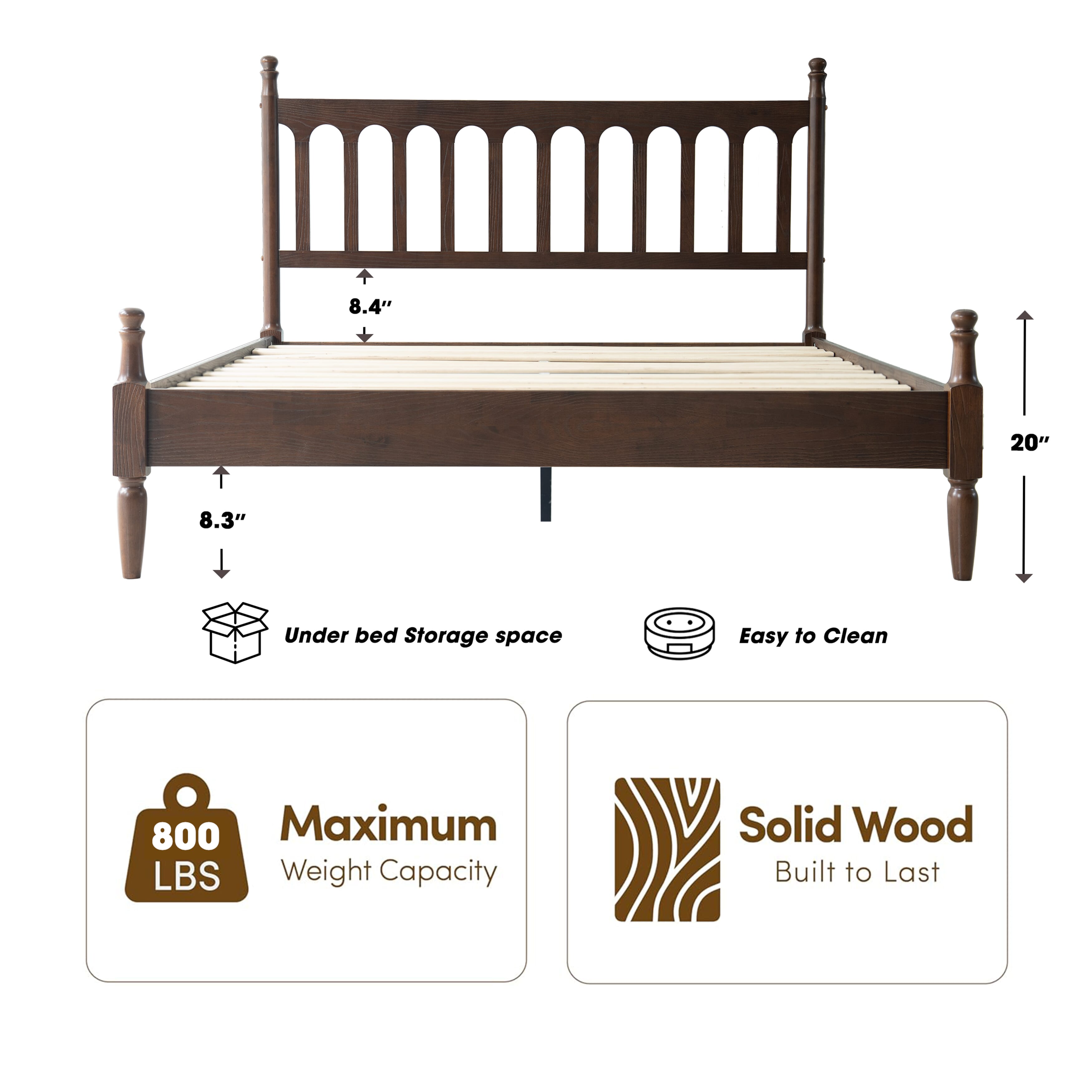King Size Solid Wood Platform Bed Frame with Headboard & Footboard, 12 Durable Slatted Base with Metal Legs, No Box Spring Needed, Easy Assembly, Noise-Free & Slip-Free, Dark Roast Oak Finish, WCK-32