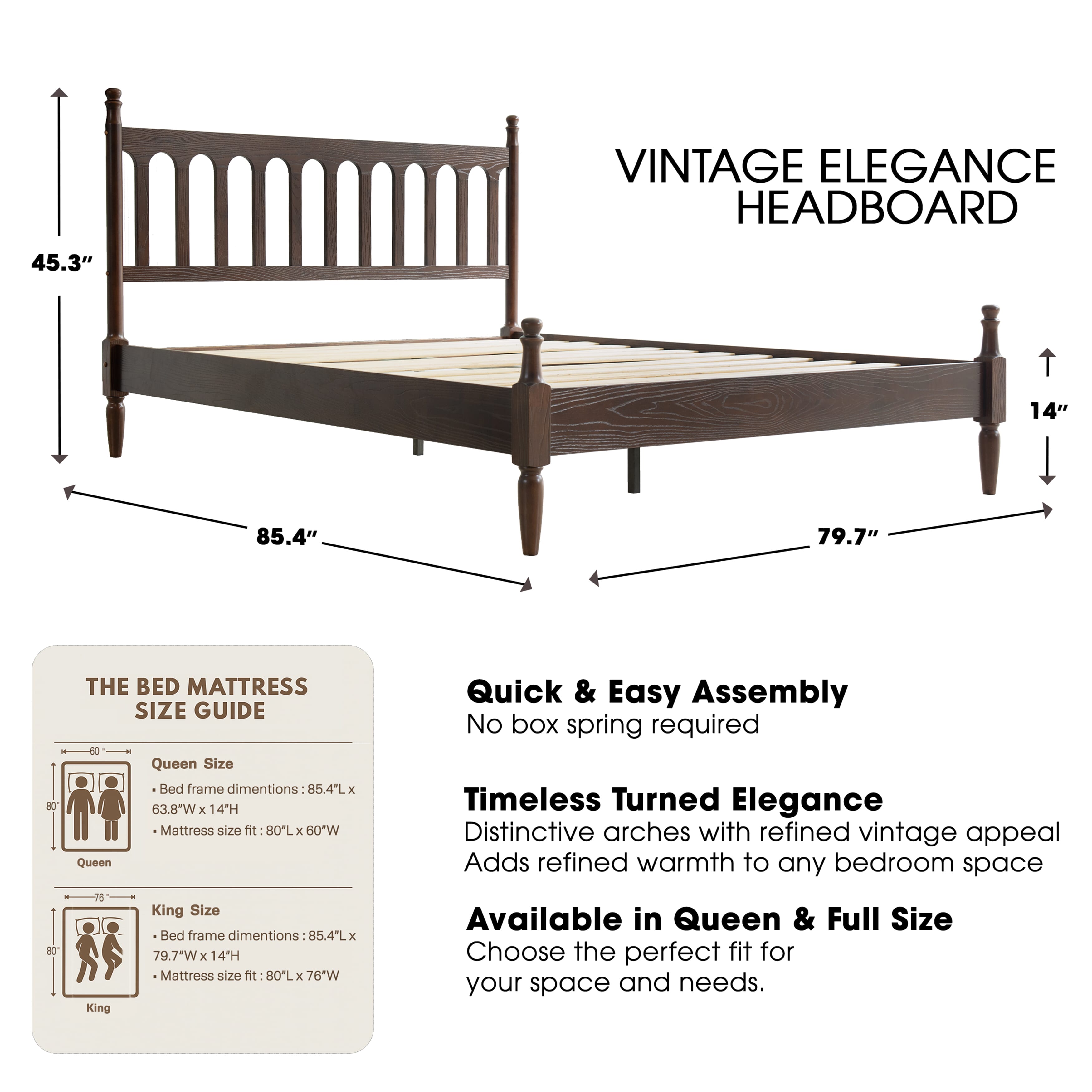 King Size Solid Wood Platform Bed Frame with Headboard & Footboard, 12 Durable Slatted Base with Metal Legs, No Box Spring Needed, Easy Assembly, Noise-Free & Slip-Free, Dark Roast Oak Finish, WCK-32