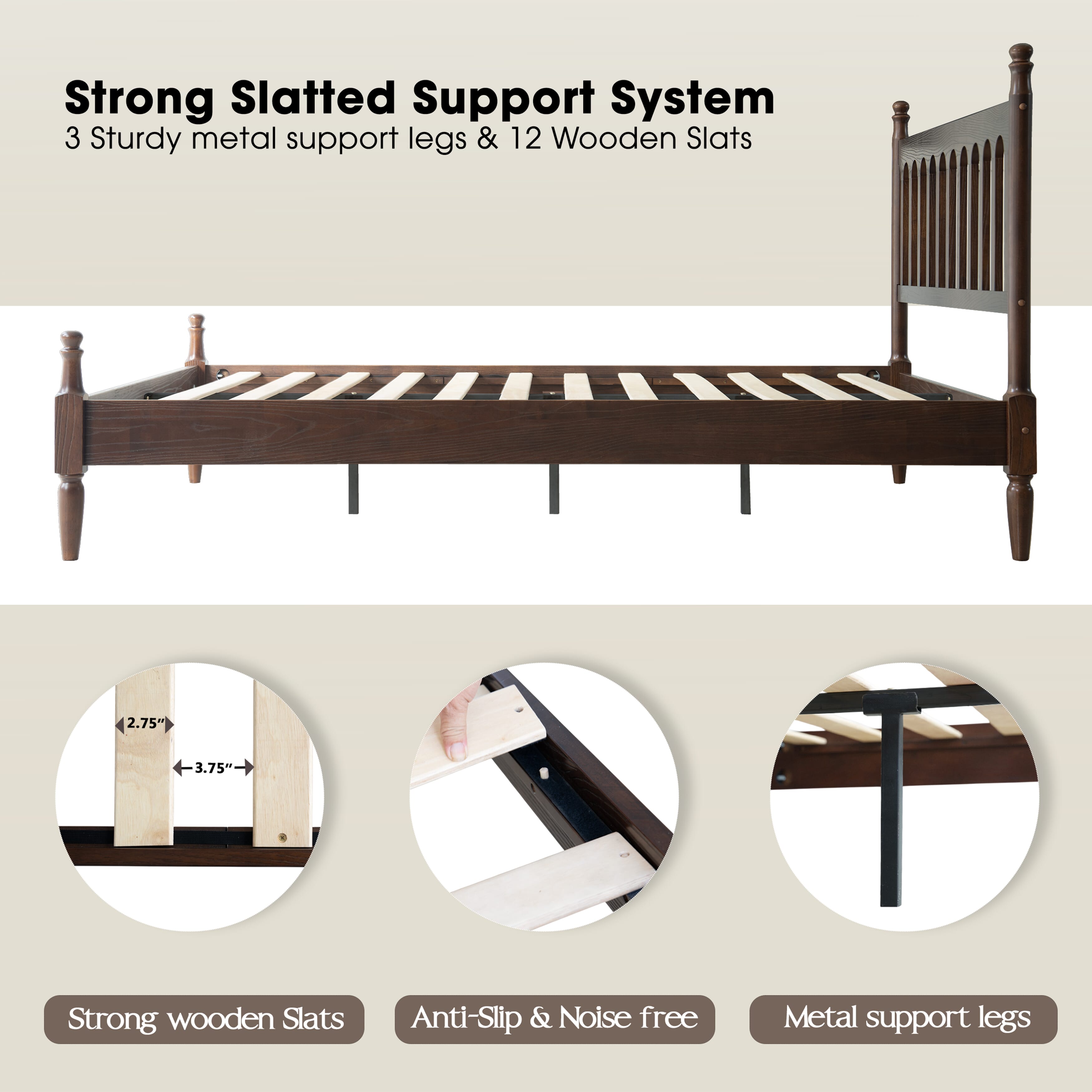 King Size Solid Wood Platform Bed Frame with Headboard & Footboard, 12 Durable Slatted Base with Metal Legs, No Box Spring Needed, Easy Assembly, Noise-Free & Slip-Free, Dark Roast Oak Finish, WCK-32