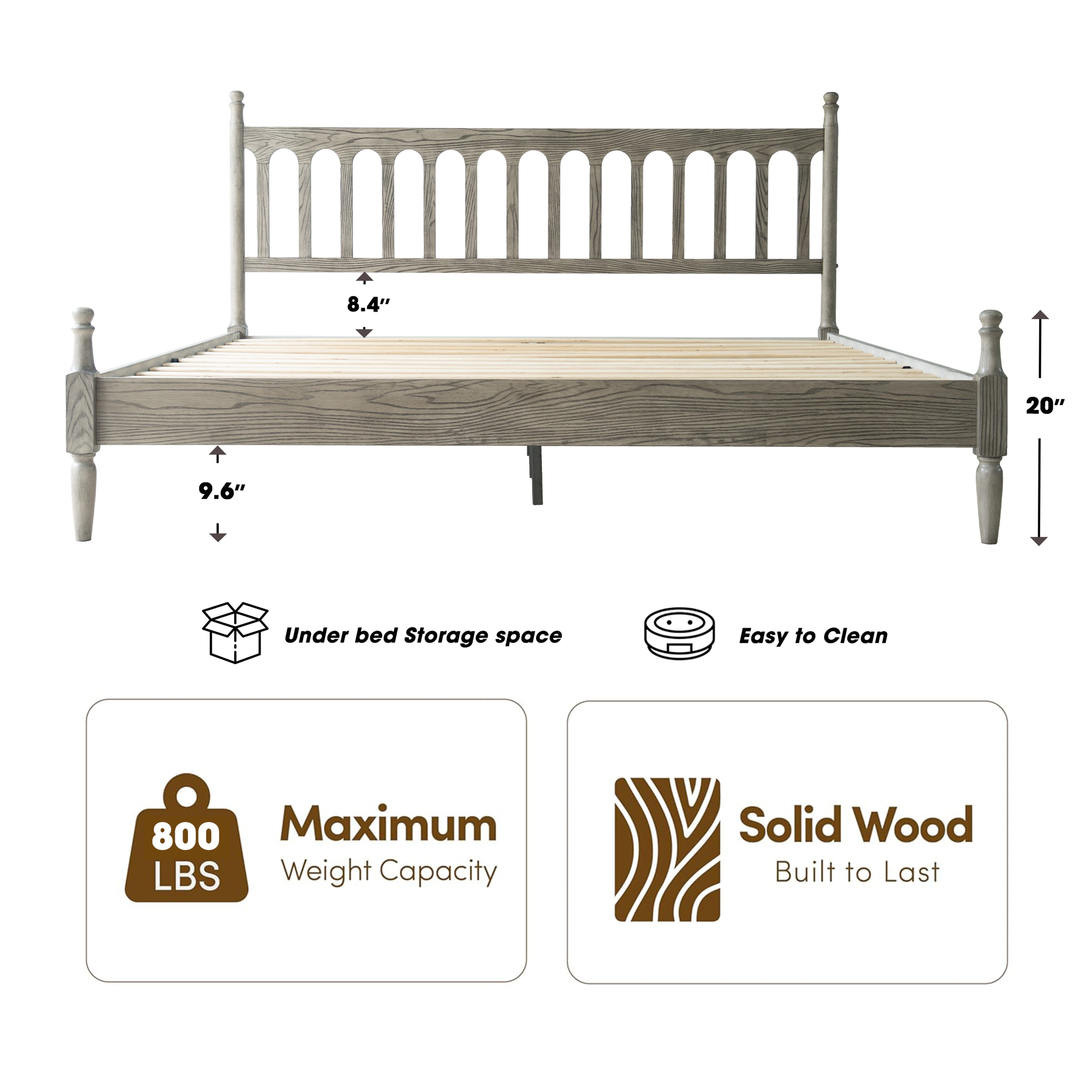 King Size Platform Bed Frame with Solid Wood Headboard and Footboard, 12 Heavy-Duty Slats, Metal Legs, Easy Assembly, No Box Spring Needed, Noise-Free and Anti-Slip, Weathered Gray Oak Finish, WCK-34