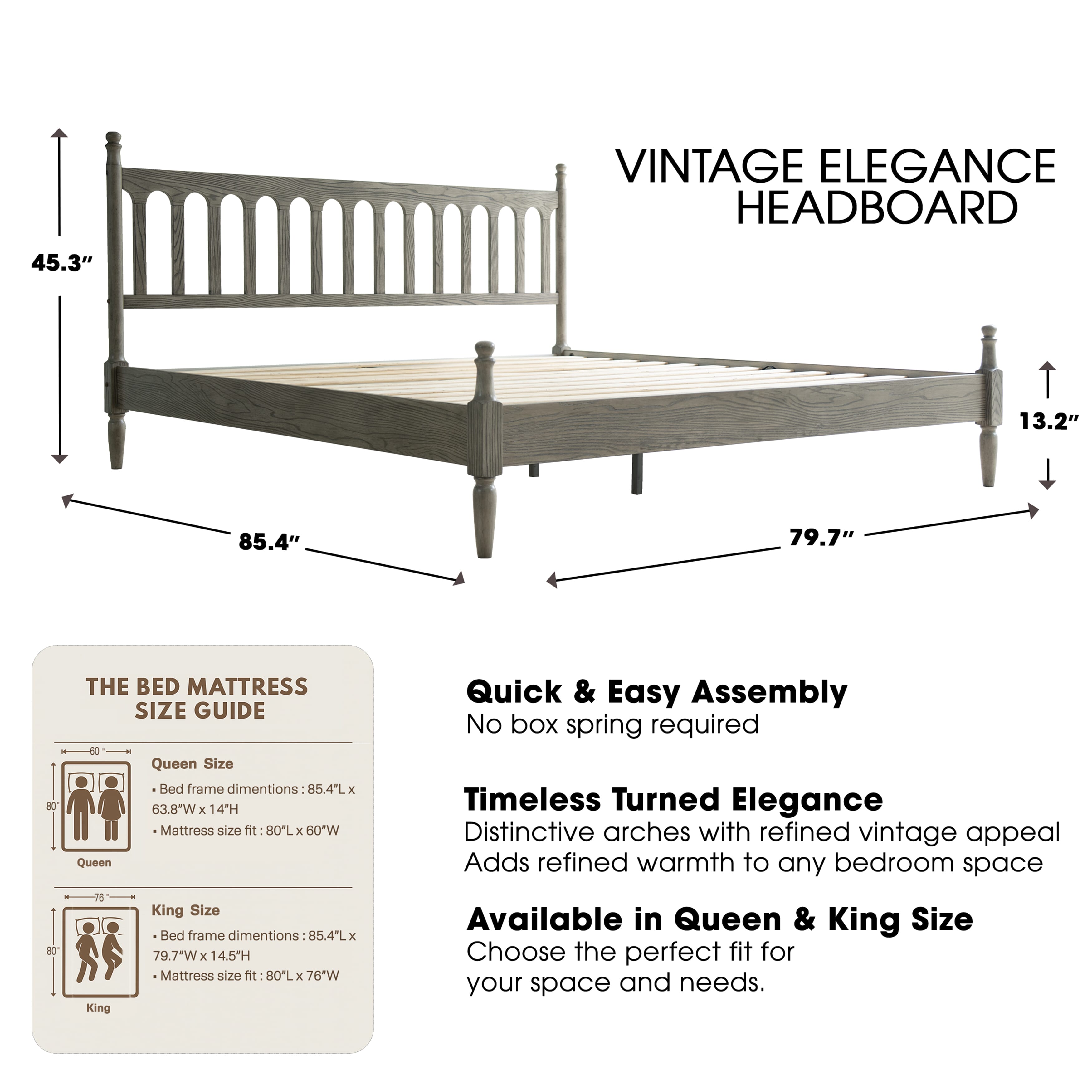 King Size Platform Bed Frame with Solid Wood Headboard and Footboard, 12 Heavy-Duty Slats, Metal Legs, Easy Assembly, No Box Spring Needed, Noise-Free and Anti-Slip, Weathered Gray Oak Finish, WCK-34