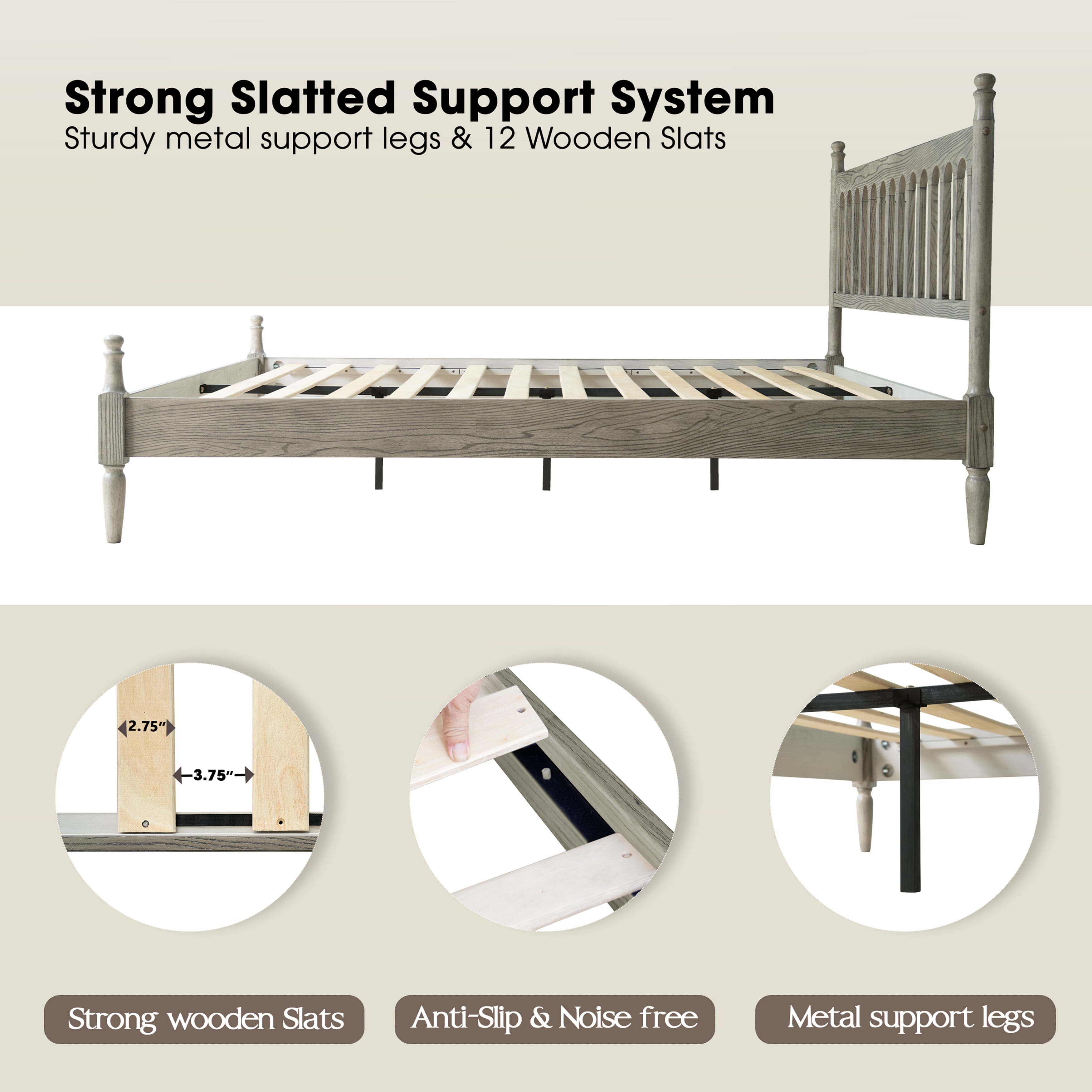 King Size Platform Bed Frame with Solid Wood Headboard and Footboard, 12 Heavy-Duty Slats, Metal Legs, Easy Assembly, No Box Spring Needed, Noise-Free and Anti-Slip, Weathered Gray Oak Finish, WCK-34