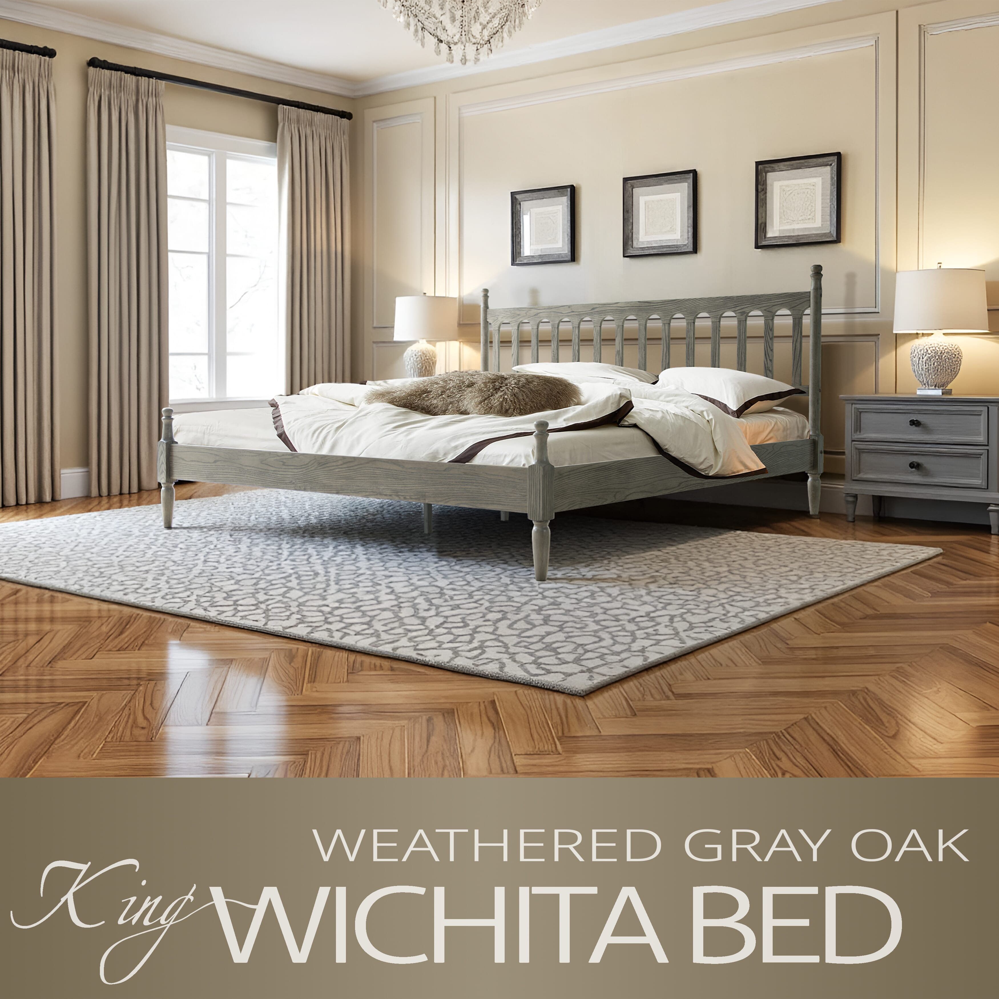 King Size Platform Bed Frame with Solid Wood Headboard and Footboard, 12 Heavy-Duty Slats, Metal Legs, Easy Assembly, No Box Spring Needed, Noise-Free and Anti-Slip, Weathered Gray Oak Finish, WCK-34