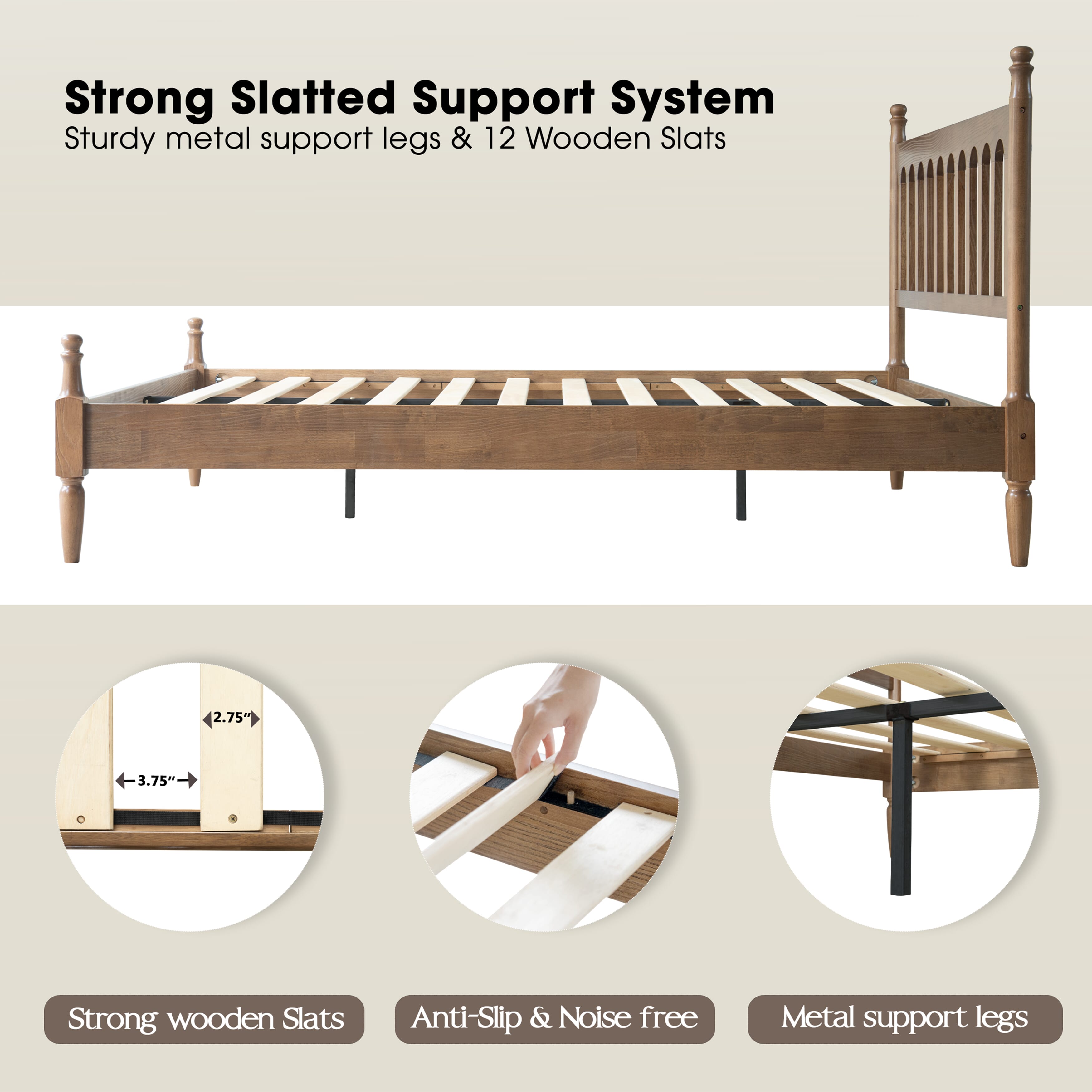 Queen Size Bed Frame with Headboard & Footboard, Solid Wood Platform Design, Center Metal Legs with 12 Durable Slatted Base, No Box Spring Needed, Anti-Slip & Noise-Free, Barnwood Finish, WCQ-30
