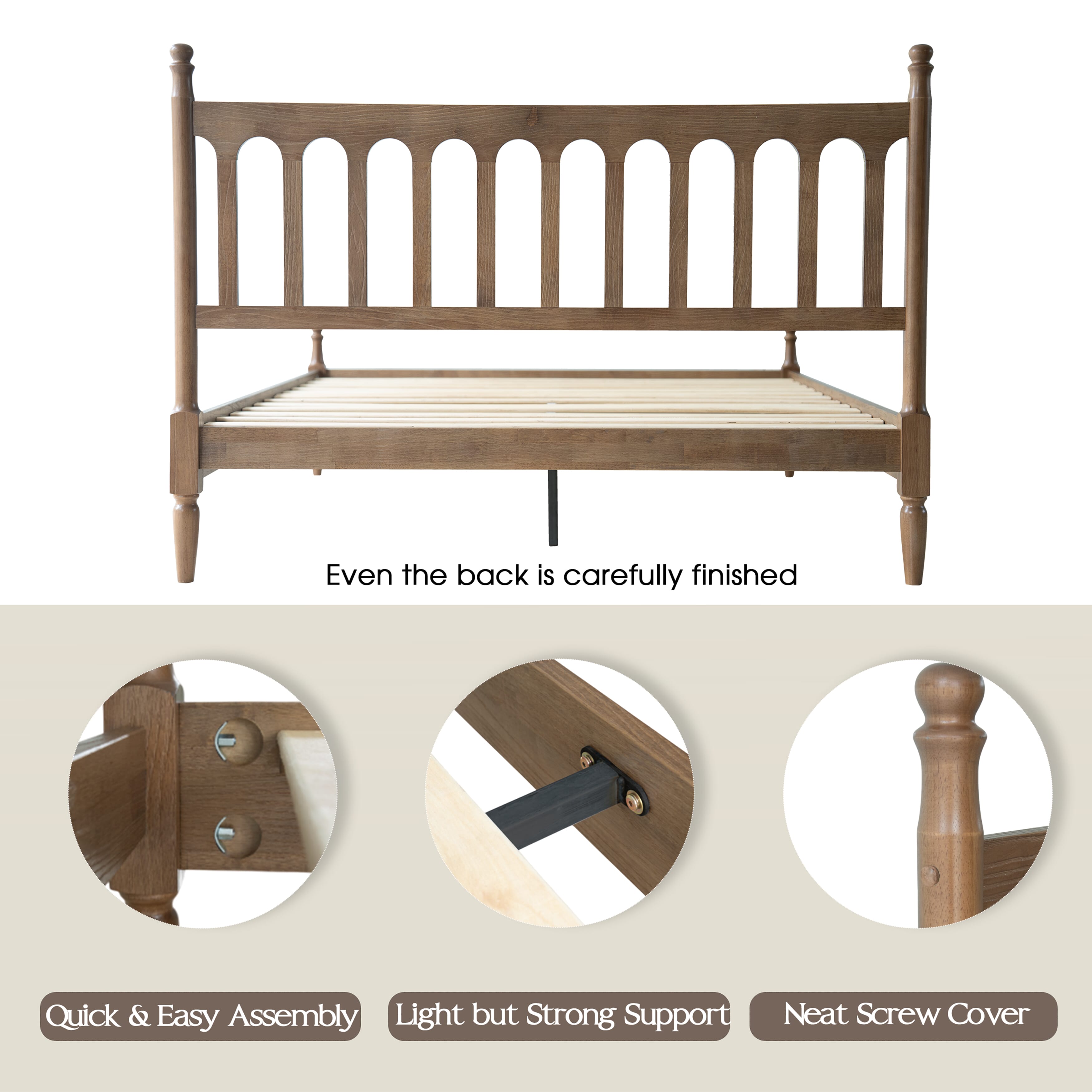 Queen Size Bed Frame with Headboard & Footboard, Solid Wood Platform Design, Center Metal Legs with 12 Durable Slatted Base, No Box Spring Needed, Anti-Slip & Noise-Free, Barnwood Finish, WCQ-30