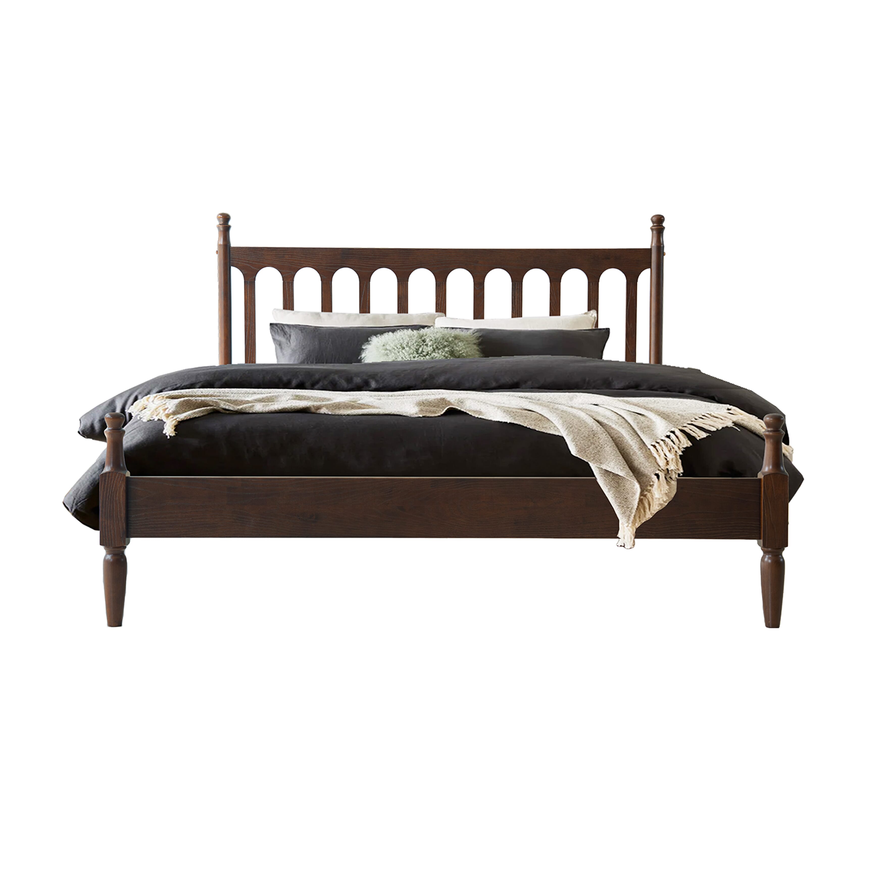 Queen Size Bed Frame with Headboard & Footboard, Solid Wood Platform Bed, Center Metal Legs,12 Heavy-Duty Slatted Base, No Box Spring Needed, Noise-Free & Anti-Slip, Dark Roast Oak Finish, WCQ-32