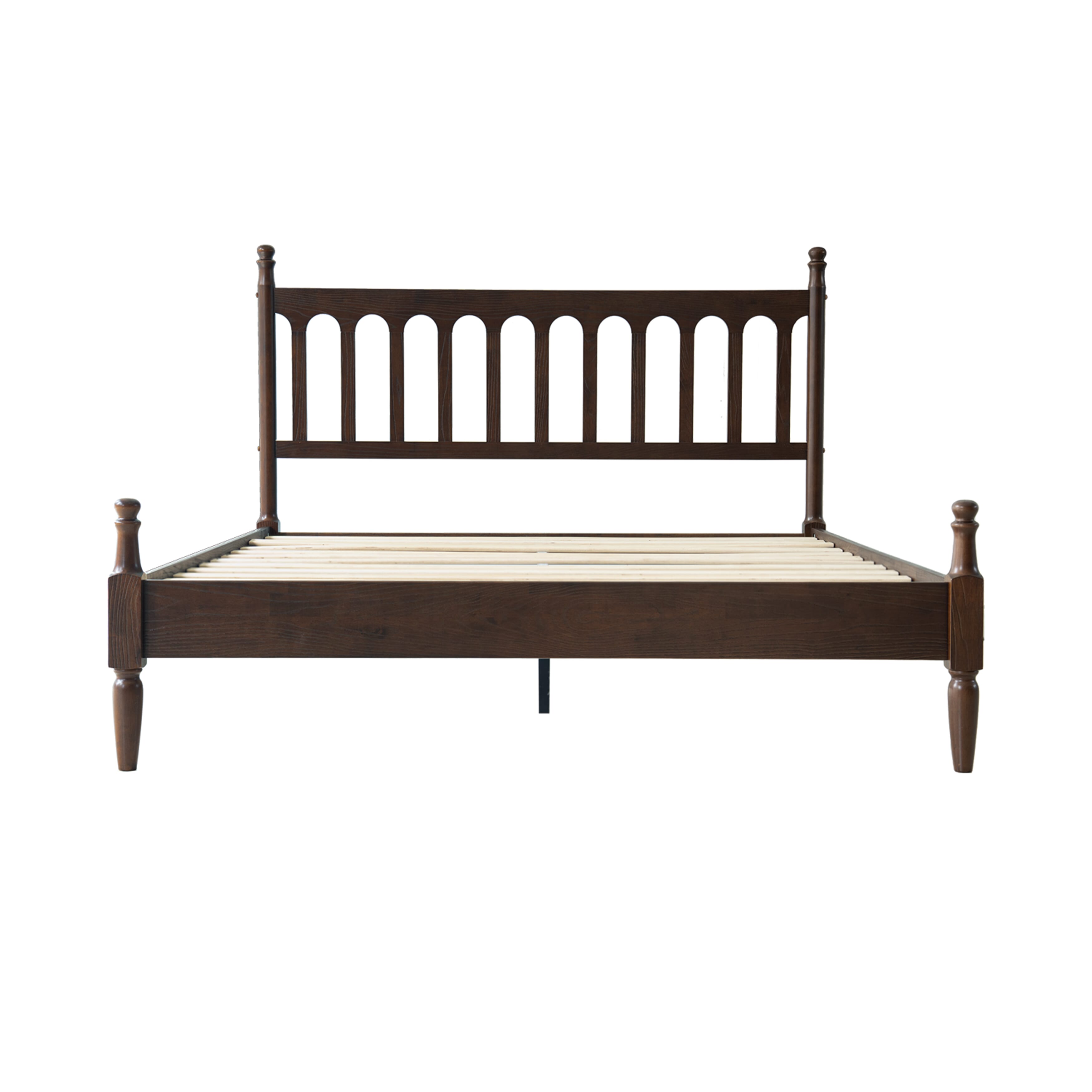 Queen Size Bed Frame with Headboard & Footboard, Solid Wood Platform Bed, Center Metal Legs,12 Heavy-Duty Slatted Base, No Box Spring Needed, Noise-Free & Anti-Slip, Dark Roast Oak Finish, WCQ-32