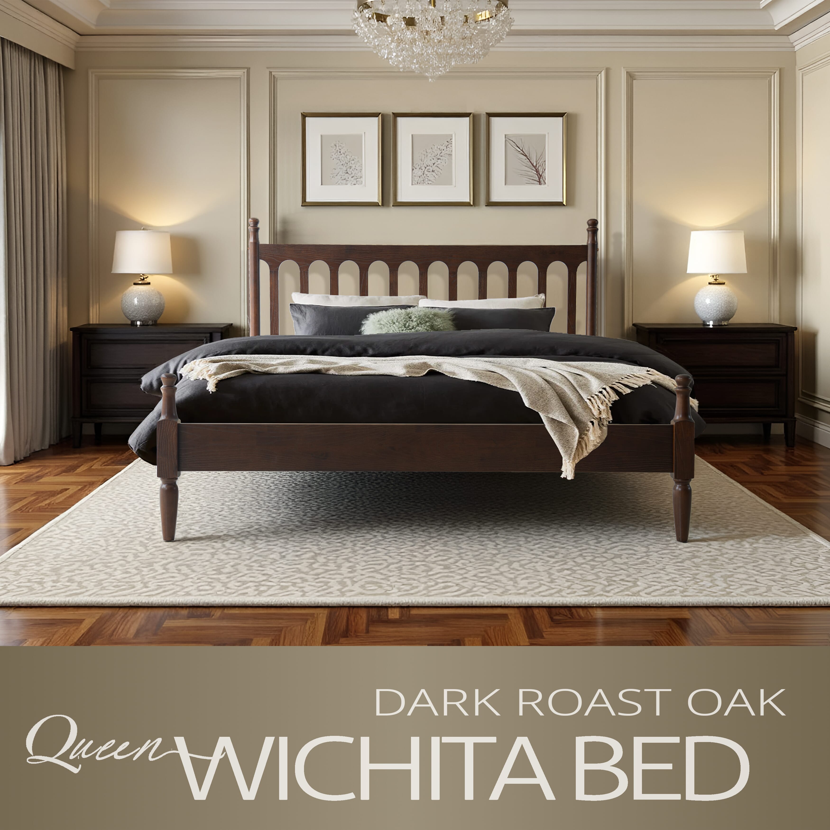 Queen Size Bed Frame with Headboard & Footboard, Solid Wood Platform Bed, Center Metal Legs,12 Heavy-Duty Slatted Base, No Box Spring Needed, Noise-Free & Anti-Slip, Dark Roast Oak Finish, WCQ-32