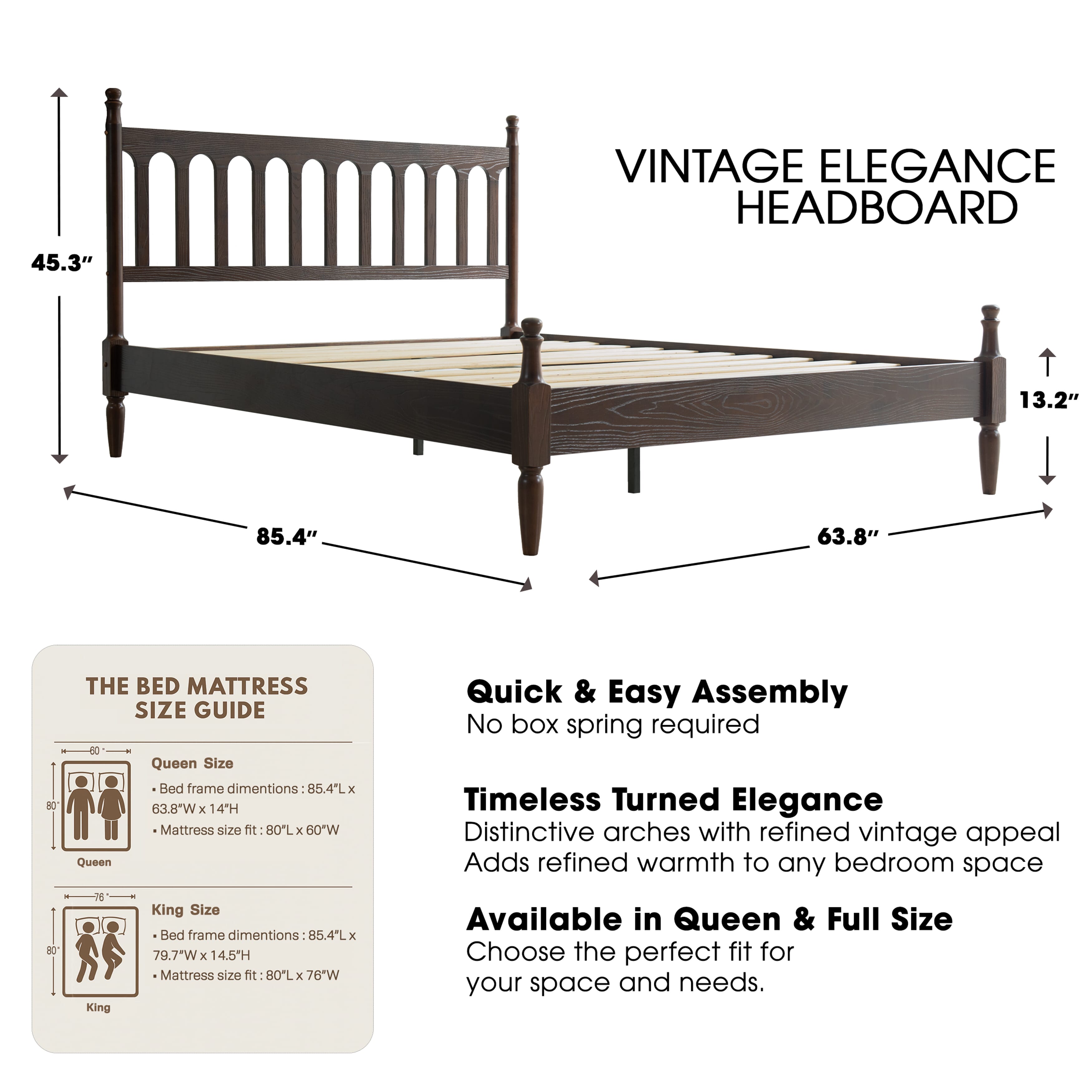 Queen Size Bed Frame with Headboard & Footboard, Solid Wood Platform Bed, Center Metal Legs,12 Heavy-Duty Slatted Base, No Box Spring Needed, Noise-Free & Anti-Slip, Dark Roast Oak Finish, WCQ-32