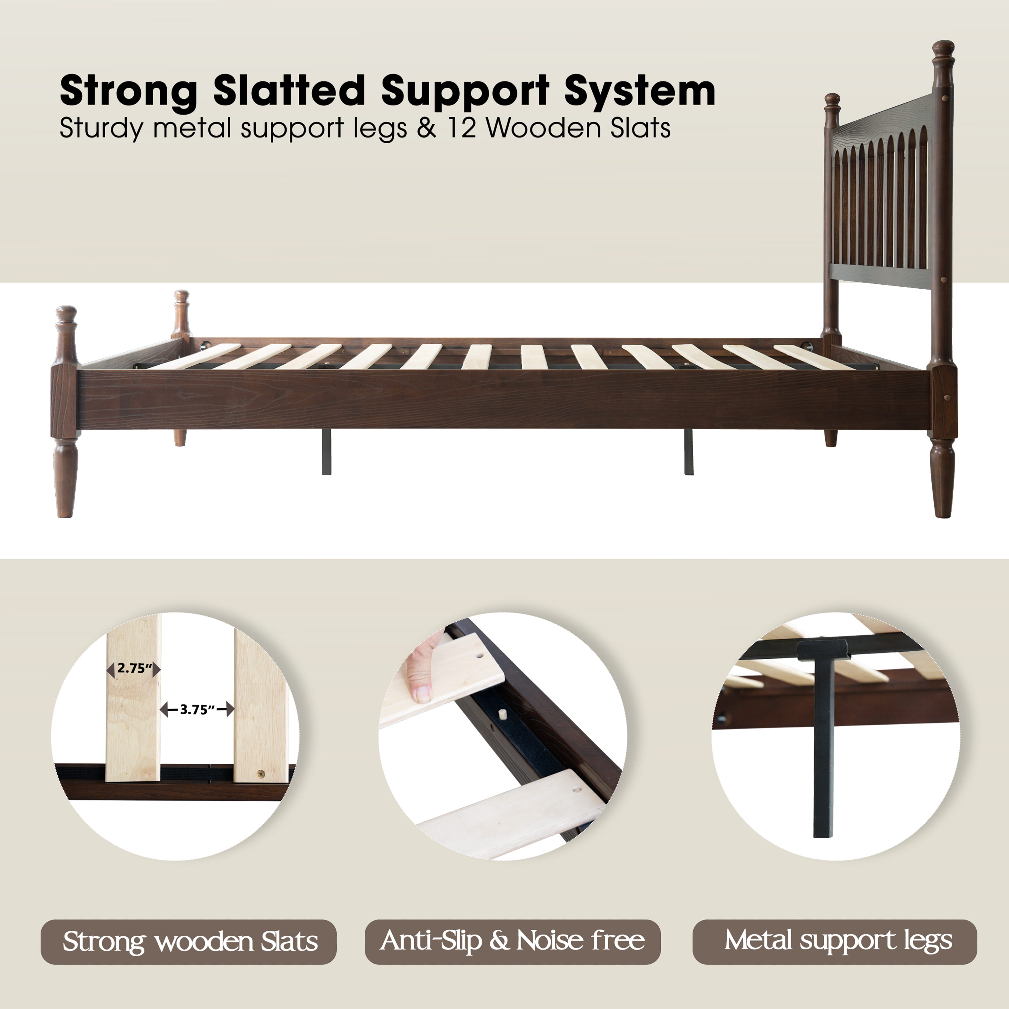 Queen Size Bed Frame with Headboard & Footboard, Solid Wood Platform Bed, Center Metal Legs,12 Heavy-Duty Slatted Base, No Box Spring Needed, Noise-Free & Anti-Slip, Dark Roast Oak Finish, WCQ-32