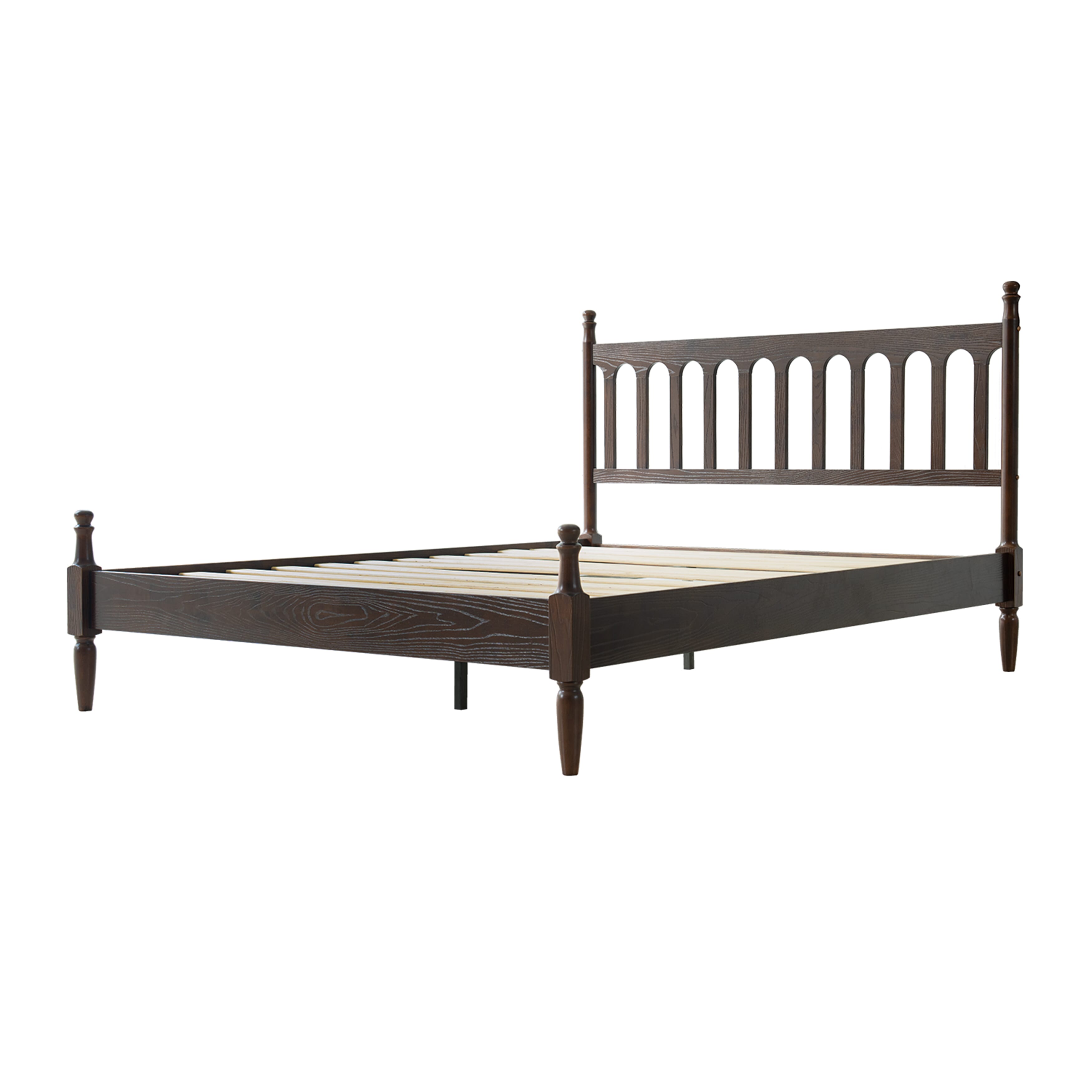 Queen Size Bed Frame with Headboard & Footboard, Solid Wood Platform Bed, Center Metal Legs,12 Heavy-Duty Slatted Base, No Box Spring Needed, Noise-Free & Anti-Slip, Dark Roast Oak Finish, WCQ-32
