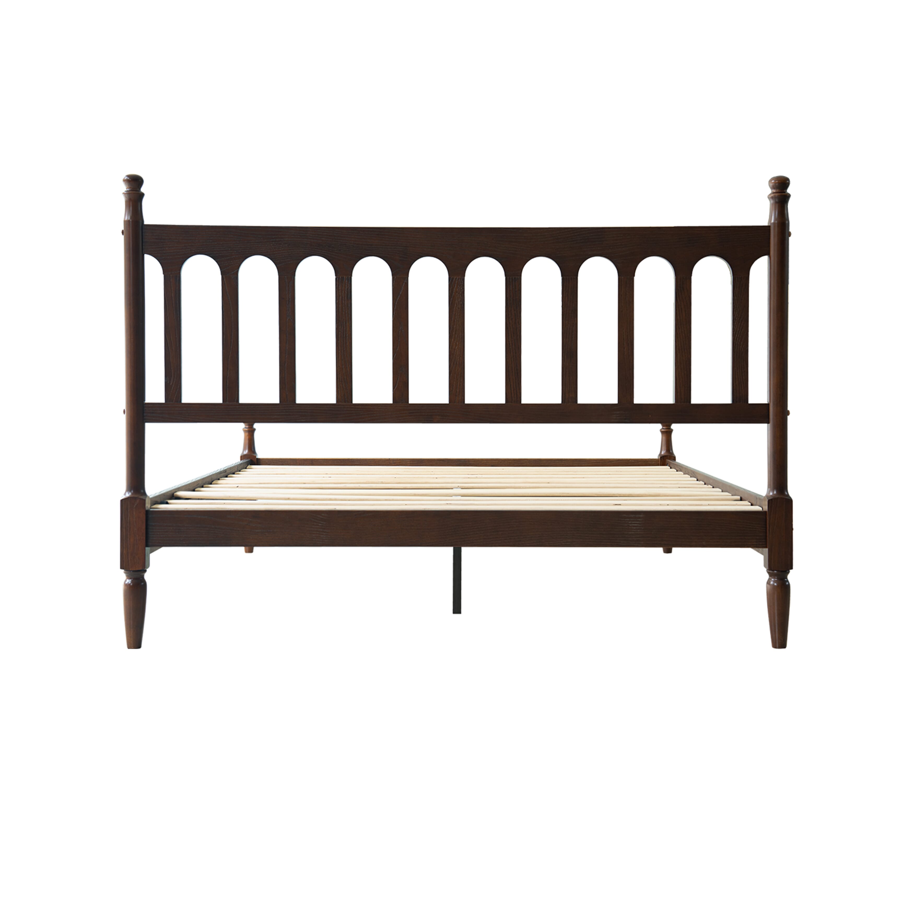 Queen Size Bed Frame with Headboard & Footboard, Solid Wood Platform Bed, Center Metal Legs,12 Heavy-Duty Slatted Base, No Box Spring Needed, Noise-Free & Anti-Slip, Dark Roast Oak Finish, WCQ-32