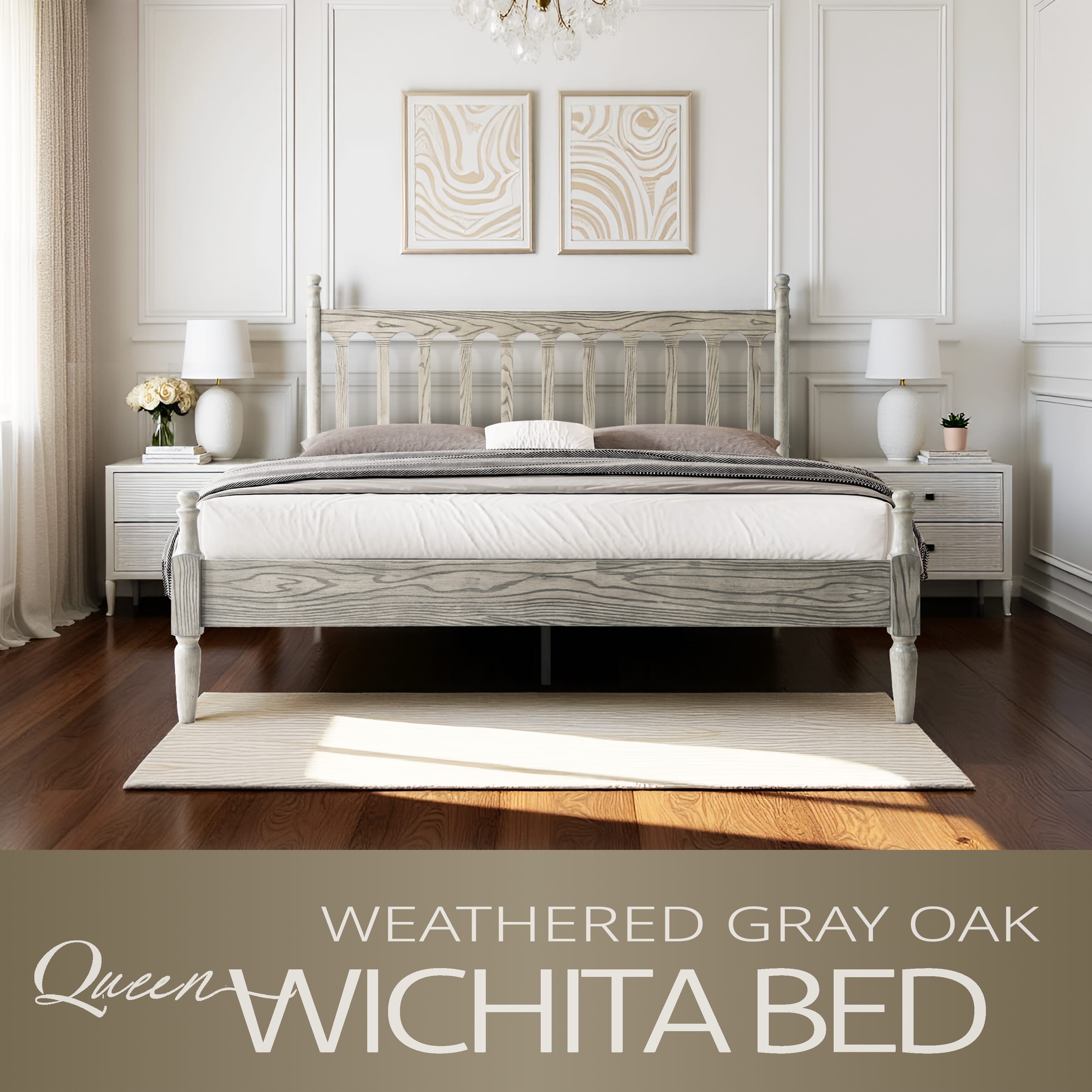 Queen Size Bed Frame, Solid Wood Platform Bed with Headboard & Footboard, Central Metal Legs, 12 Sturdy Slatted Base, Anti-Noise & Slip-Free, No Box Spring Needed, Weathered Gray Oak Finish, WCQ-34