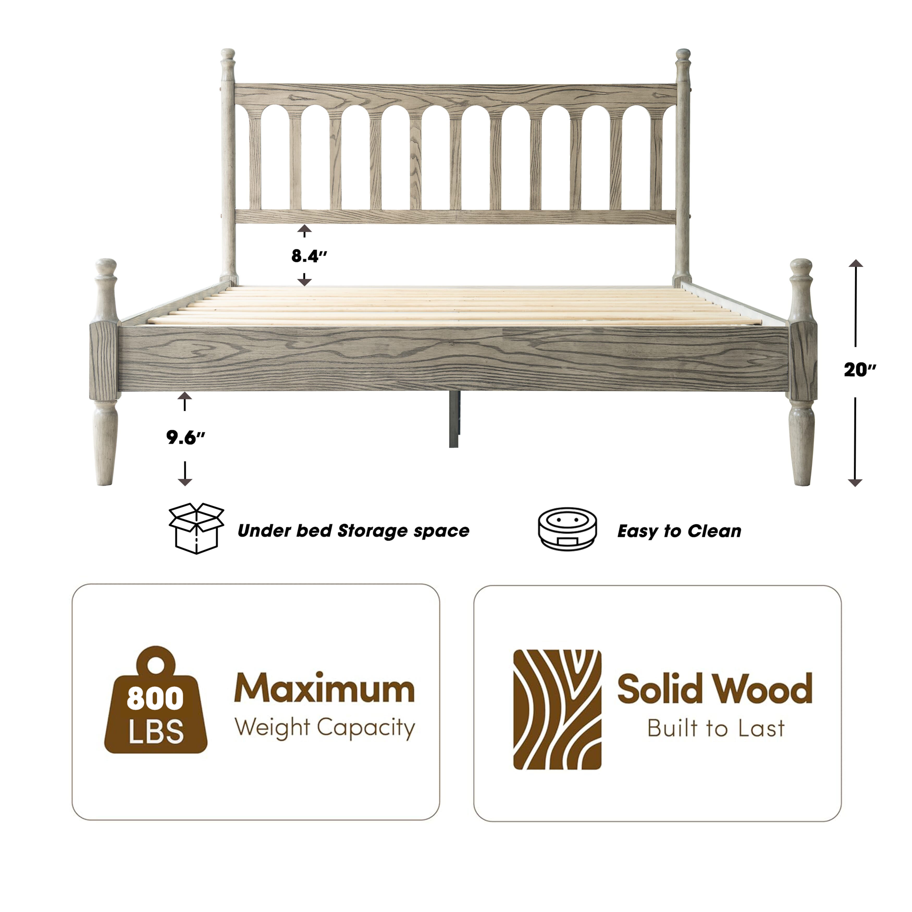 Queen Size Bed Frame, Solid Wood Platform Bed with Headboard & Footboard, Central Metal Legs, 12 Sturdy Slatted Base, Anti-Noise & Slip-Free, No Box Spring Needed, Weathered Gray Oak Finish, WCQ-34
