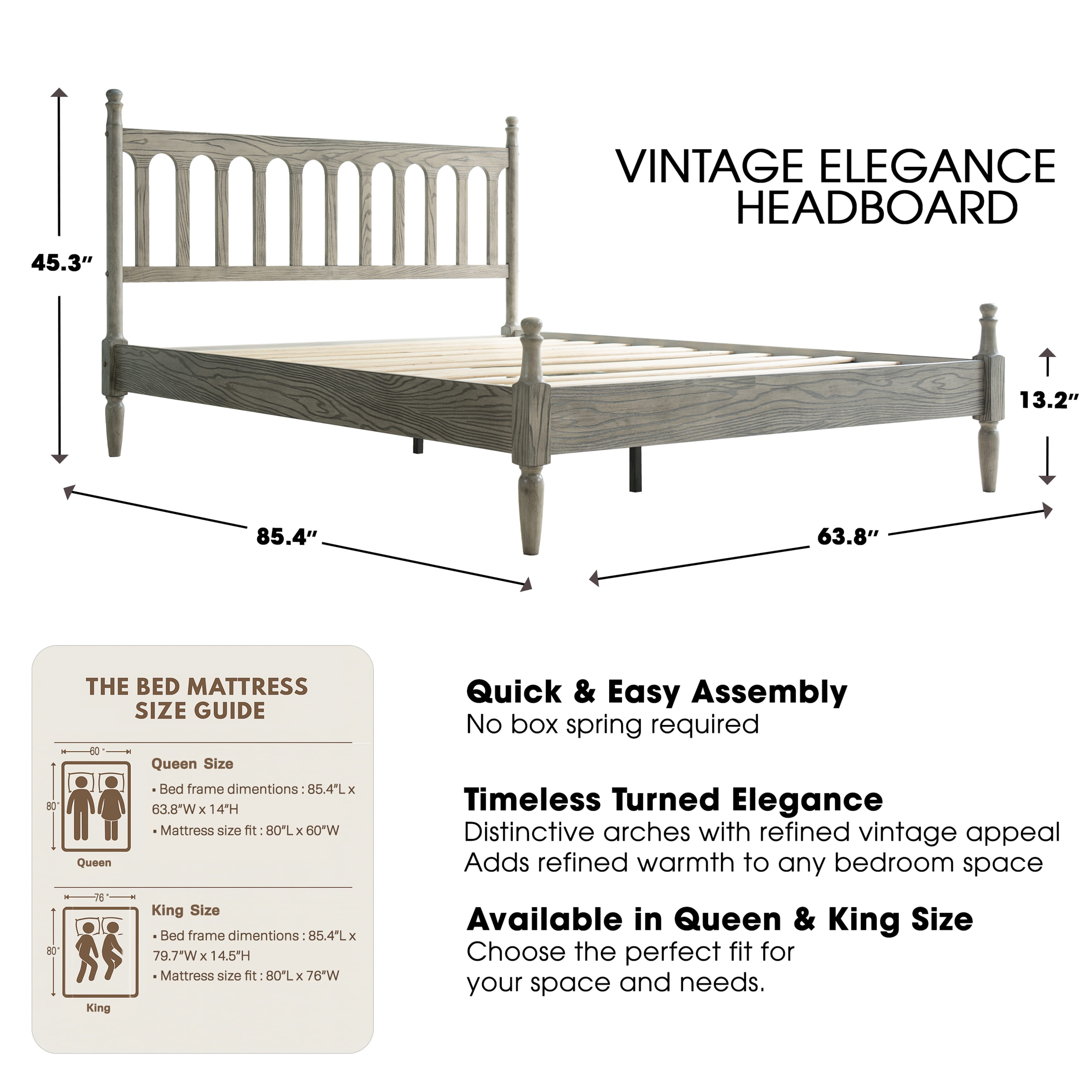 Queen Size Bed Frame, Solid Wood Platform Bed with Headboard & Footboard, Central Metal Legs, 12 Sturdy Slatted Base, Anti-Noise & Slip-Free, No Box Spring Needed, Weathered Gray Oak Finish, WCQ-34