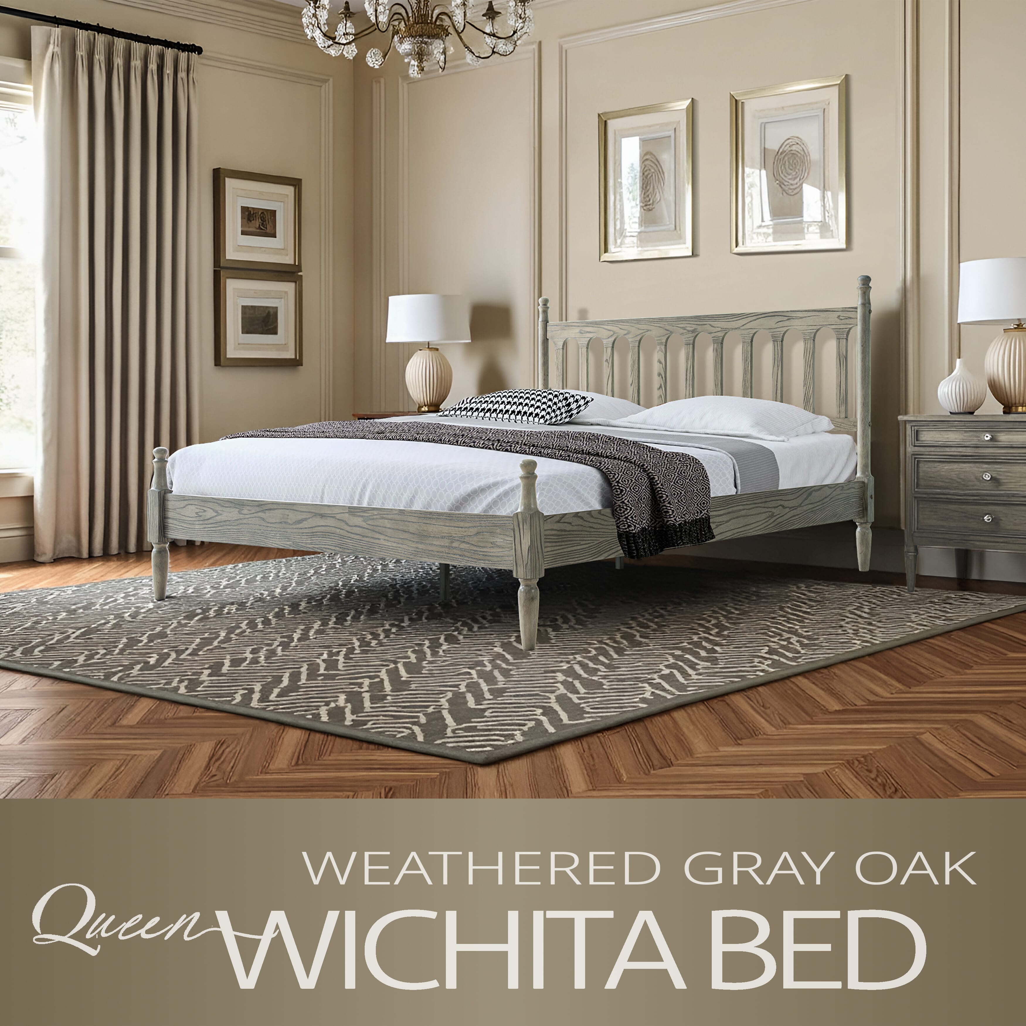 Queen Size Bed Frame, Solid Wood Platform Bed with Headboard & Footboard, Central Metal Legs, 12 Sturdy Slatted Base, Anti-Noise & Slip-Free, No Box Spring Needed, Weathered Gray Oak Finish, WCQ-34