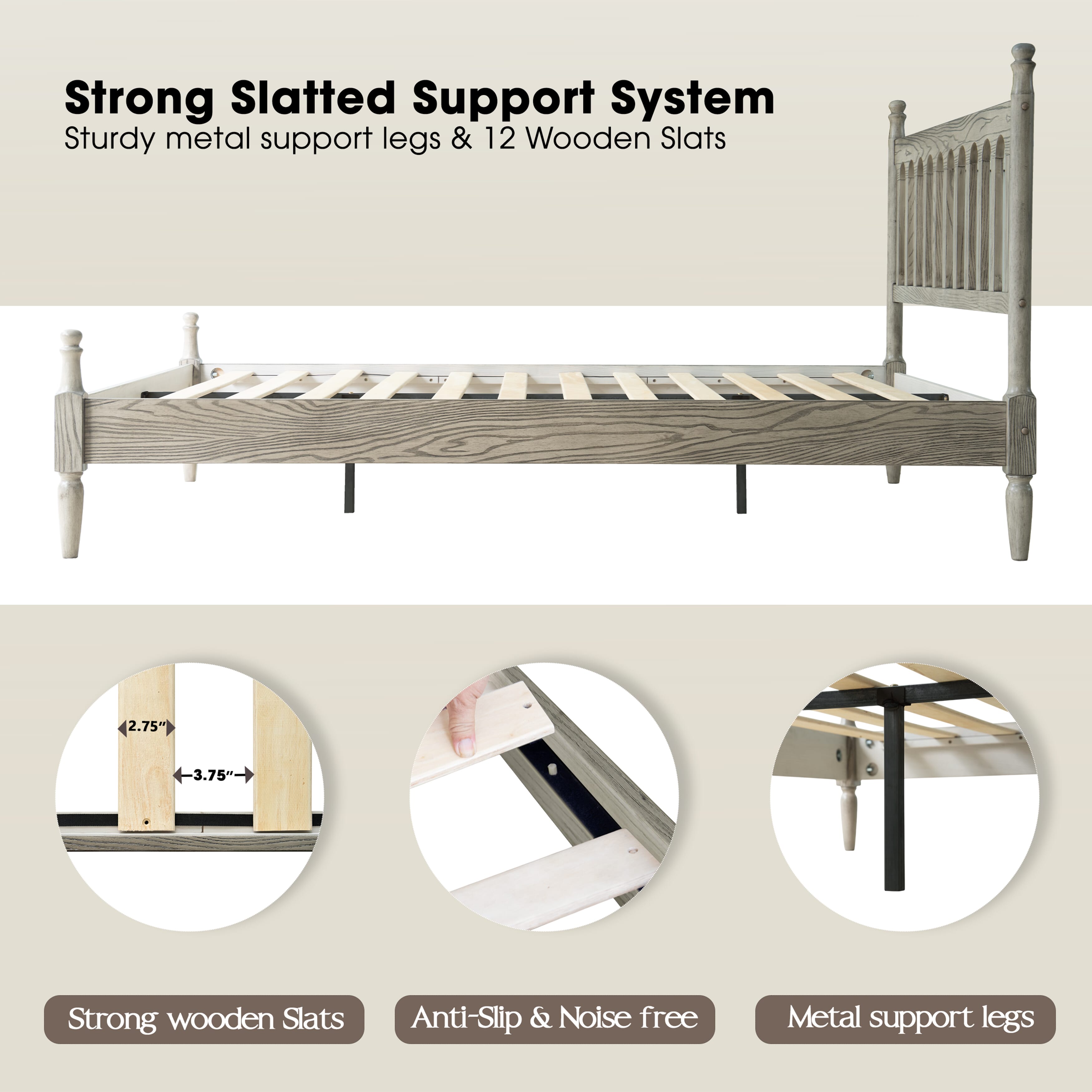 Queen Size Bed Frame, Solid Wood Platform Bed with Headboard & Footboard, Central Metal Legs, 12 Sturdy Slatted Base, Anti-Noise & Slip-Free, No Box Spring Needed, Weathered Gray Oak Finish, WCQ-34