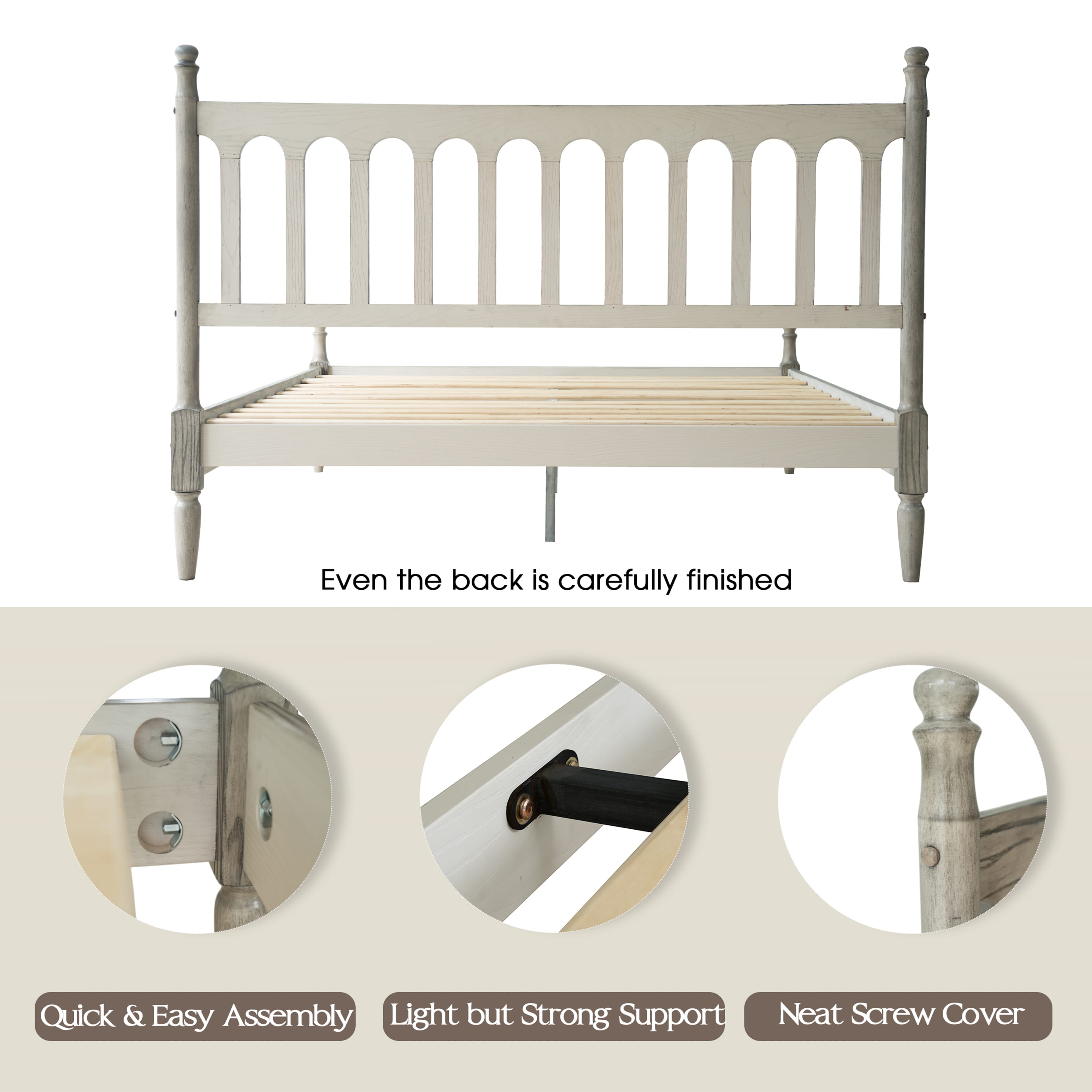 Queen Size Bed Frame, Solid Wood Platform Bed with Headboard & Footboard, Central Metal Legs, 12 Sturdy Slatted Base, Anti-Noise & Slip-Free, No Box Spring Needed, Weathered Gray Oak Finish, WCQ-34