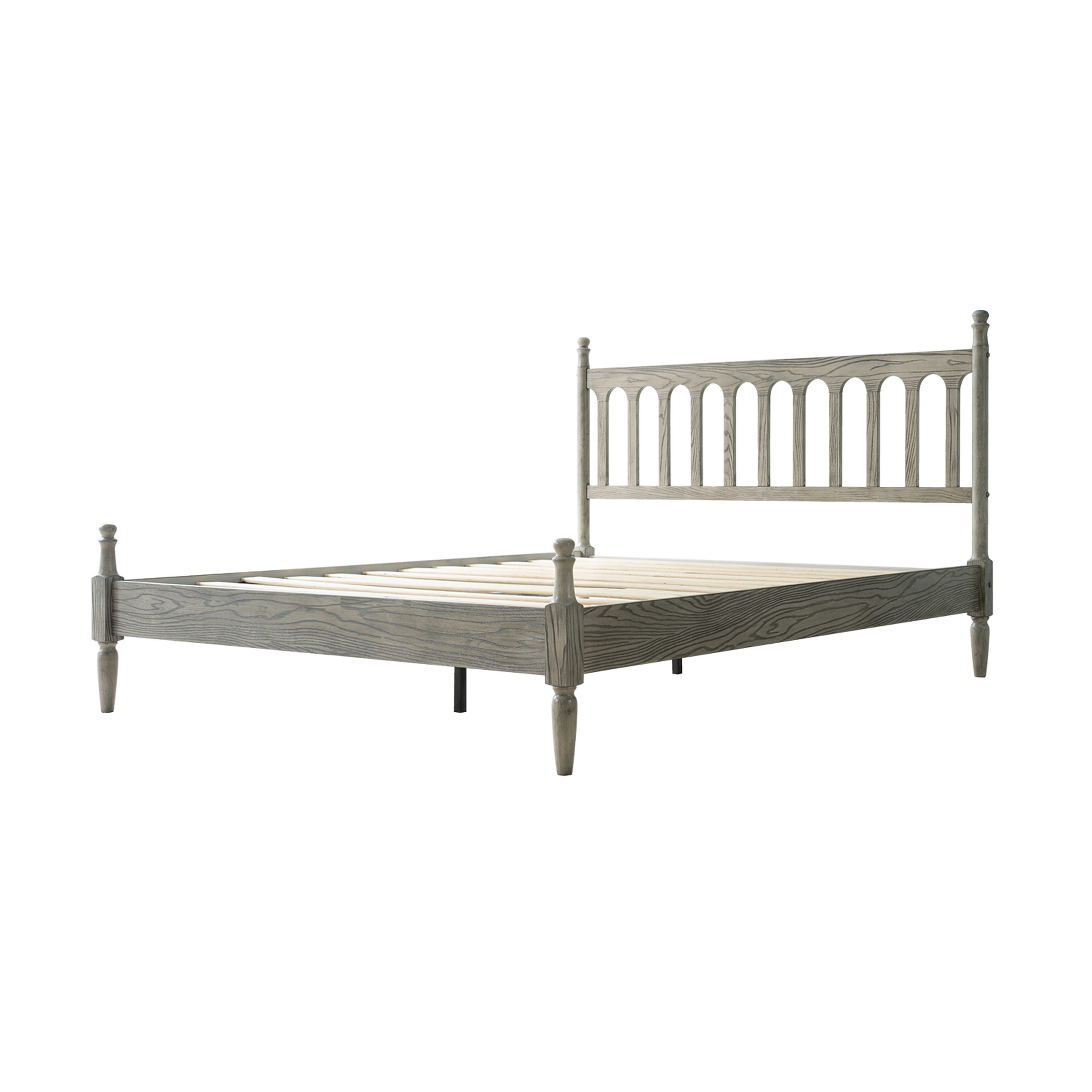 Queen Size Bed Frame, Solid Wood Platform Bed with Headboard & Footboard, Central Metal Legs, 12 Sturdy Slatted Base, Anti-Noise & Slip-Free, No Box Spring Needed, Weathered Gray Oak Finish, WCQ-34