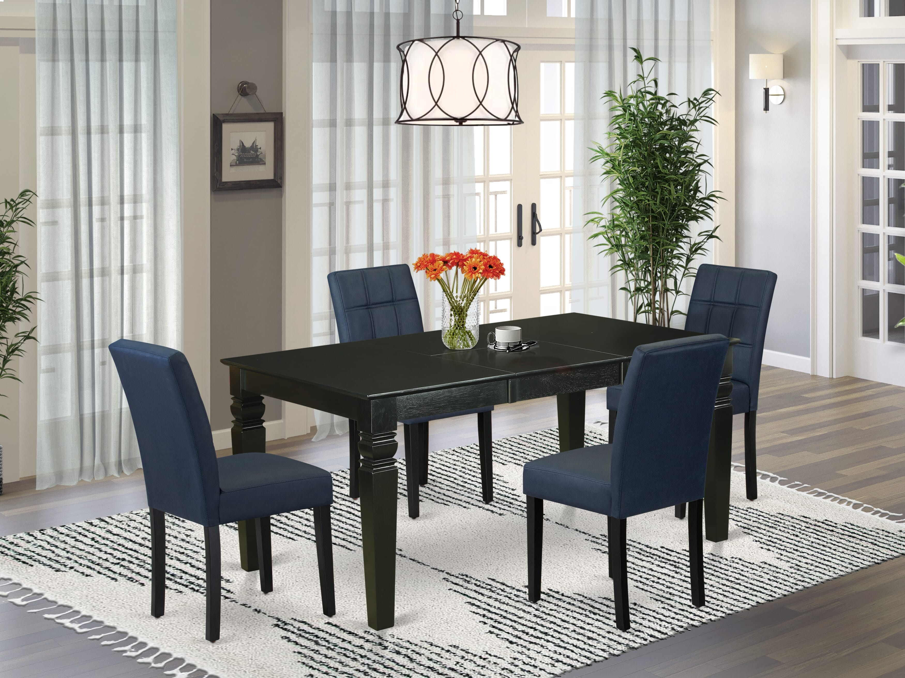 East West Furniture WEAS5-BLK-09 5 Piece Dining Table Set contain A Wooden Table and 4 Dark Navy Blue Faux Leather Modren Chairs with Stylish Back- Black Finish