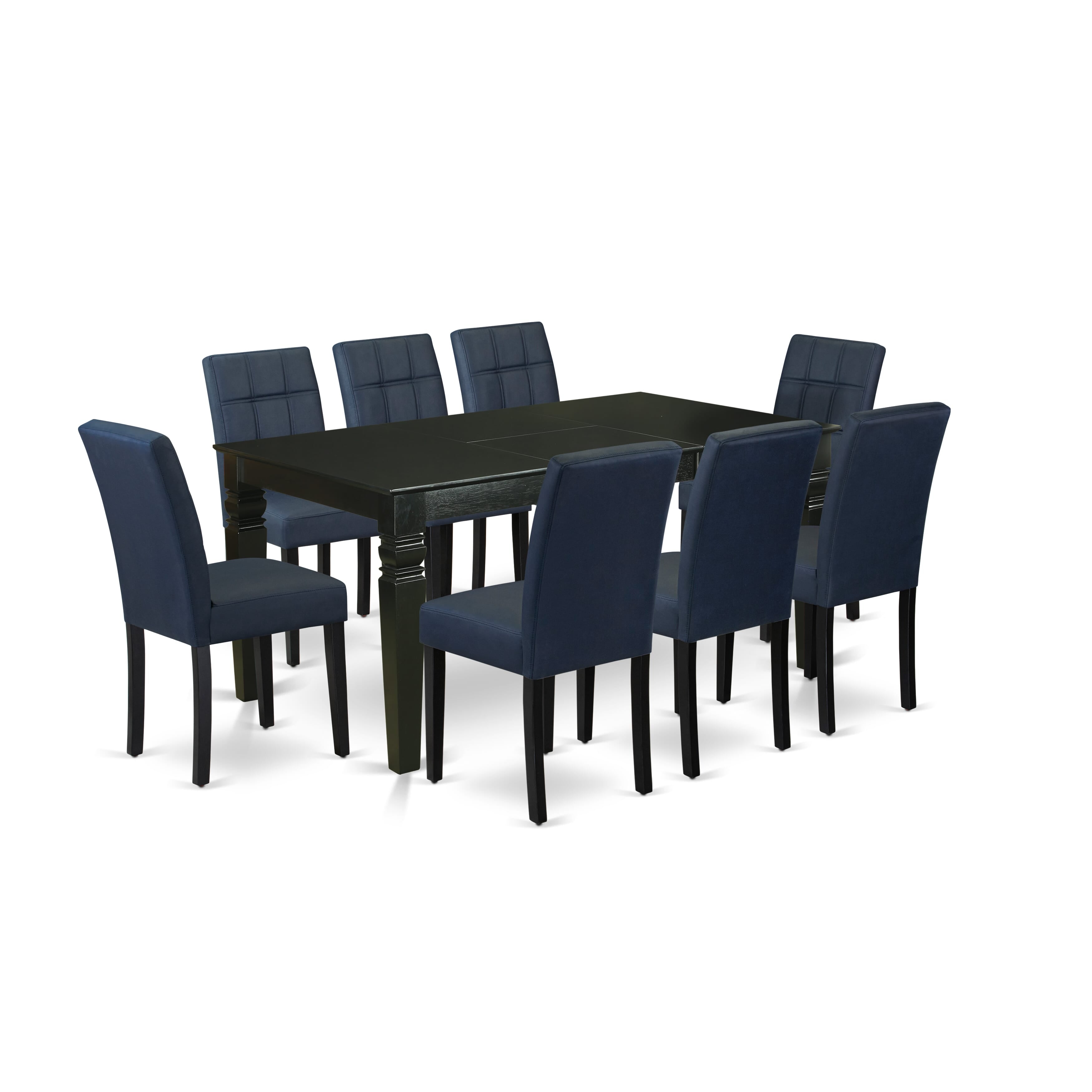 East West Furniture WEAS9-BLK-09 9 Piece Dinner Table Set Consist of a Dining Table and 8 Dark Navy Blue Faux Leather Wood Chairs with Stylish Back- Black Finish