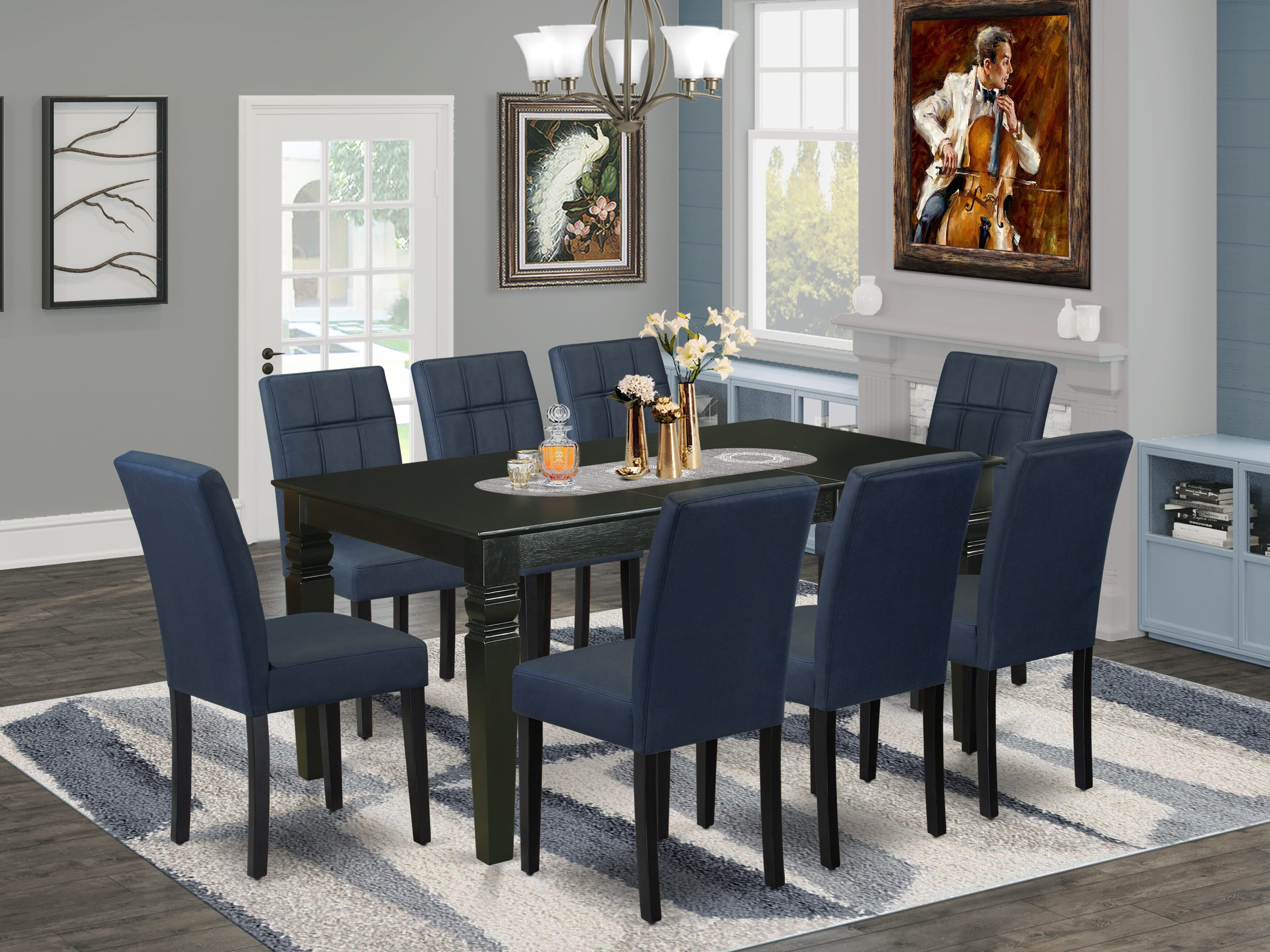 East West Furniture WEAS9-BLK-09 9 Piece Dinner Table Set Consist of a Dining Table and 8 Dark Navy Blue Faux Leather Wood Chairs with Stylish Back- Black Finish