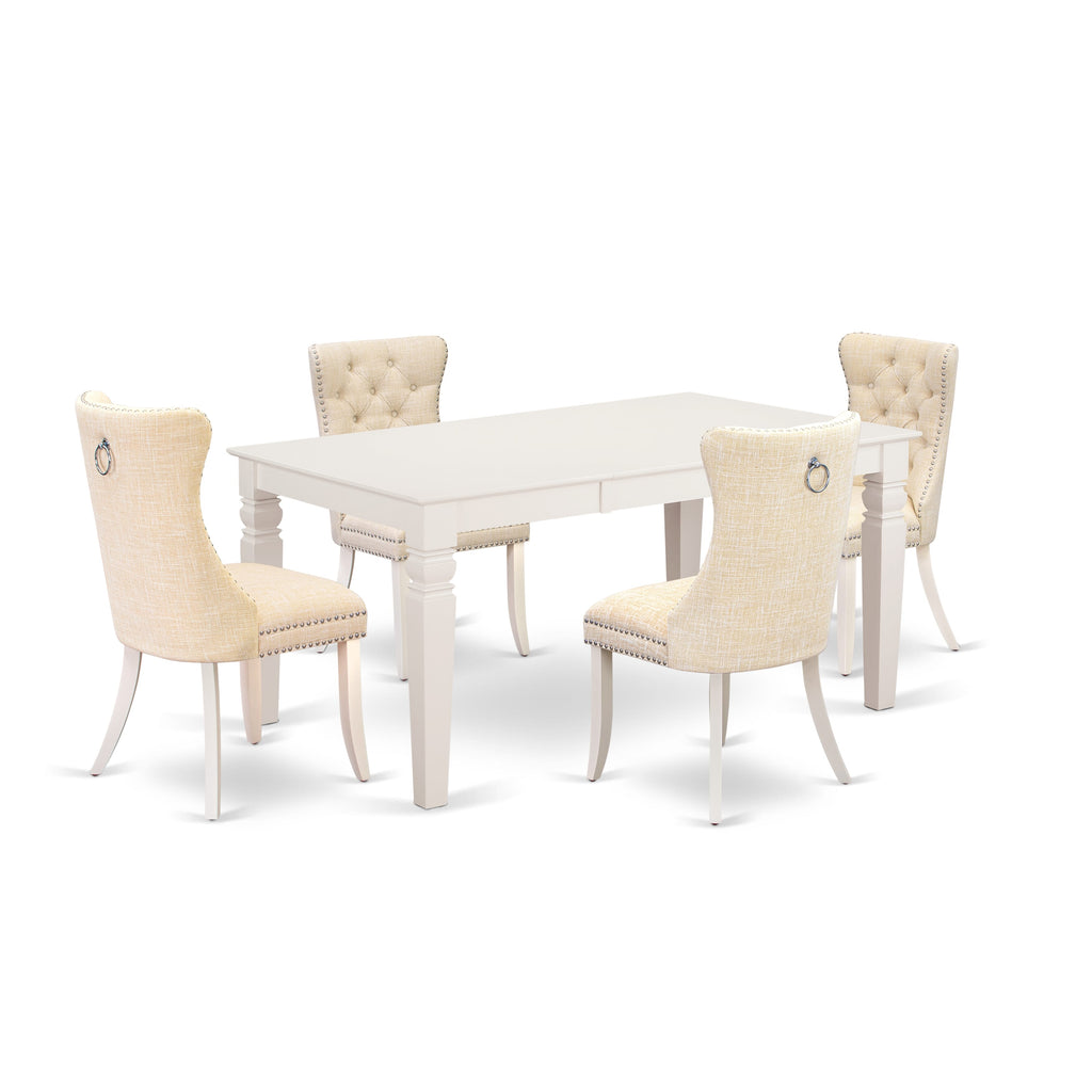 East West Furniture WEDA5-WHI-32 5 Piece Dinette Set Includes a Rectangle Wooden Table with Removable leaf and 4 Upholstered Chairs, 42x60 Inch, linen white