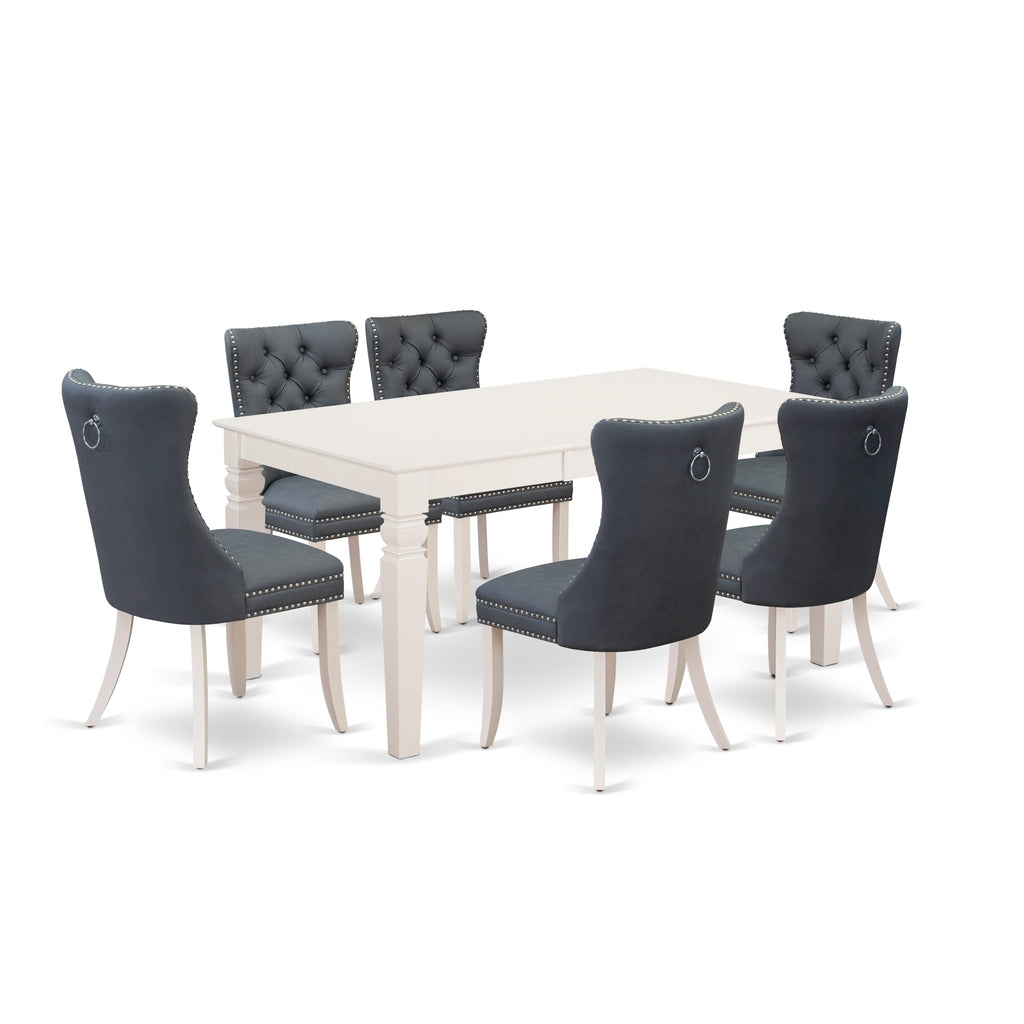 East West Furniture WEDA7-WHI-13 7 Piece Modern Dining Table Set Consists of a Rectangle Kitchen Table with Removable leaf and 6 Upholstered Chairs, 42x60 Inch, linen white